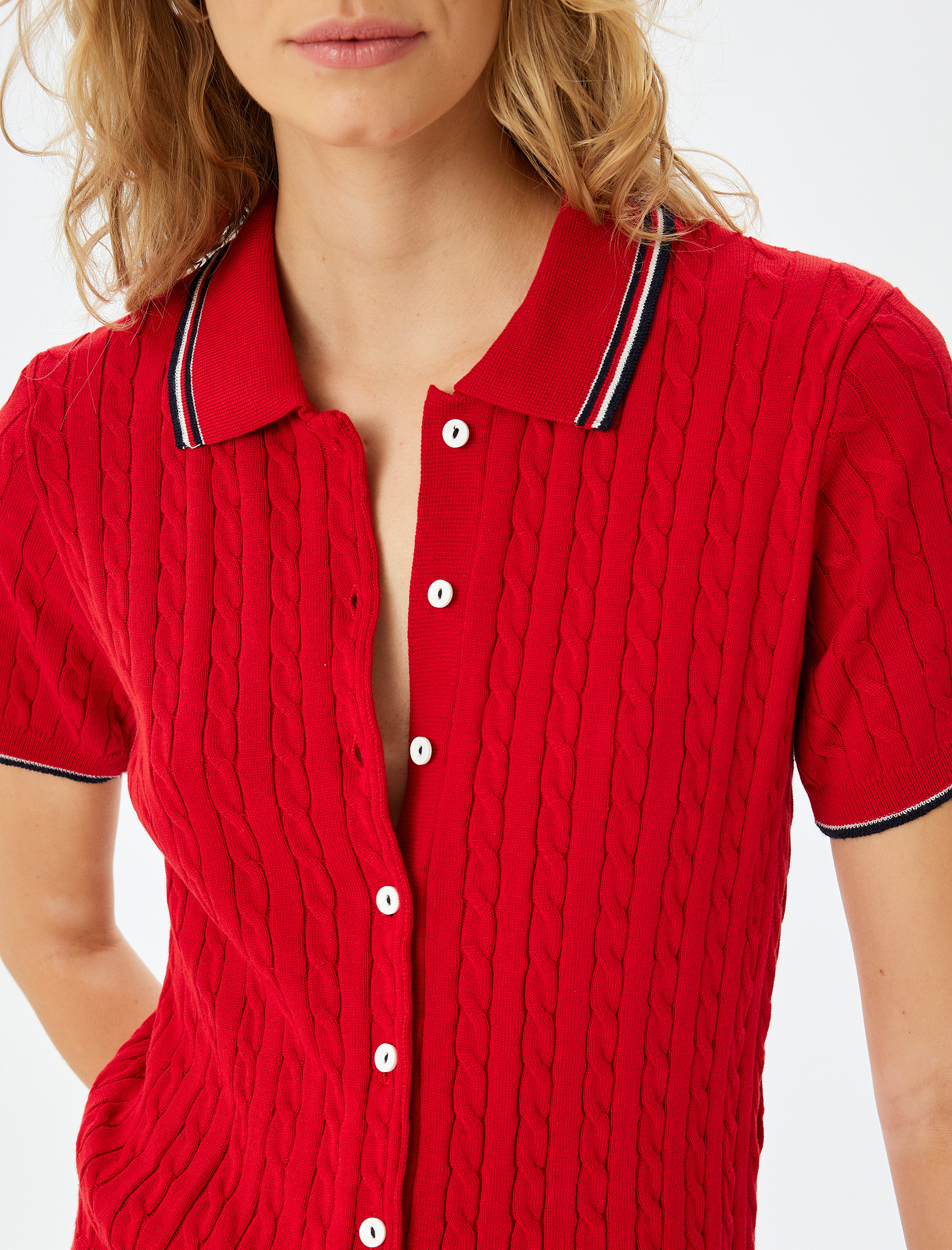 Kısa Kollu Düğmeli Saç Örgü Polo Yaka Triko Hırka