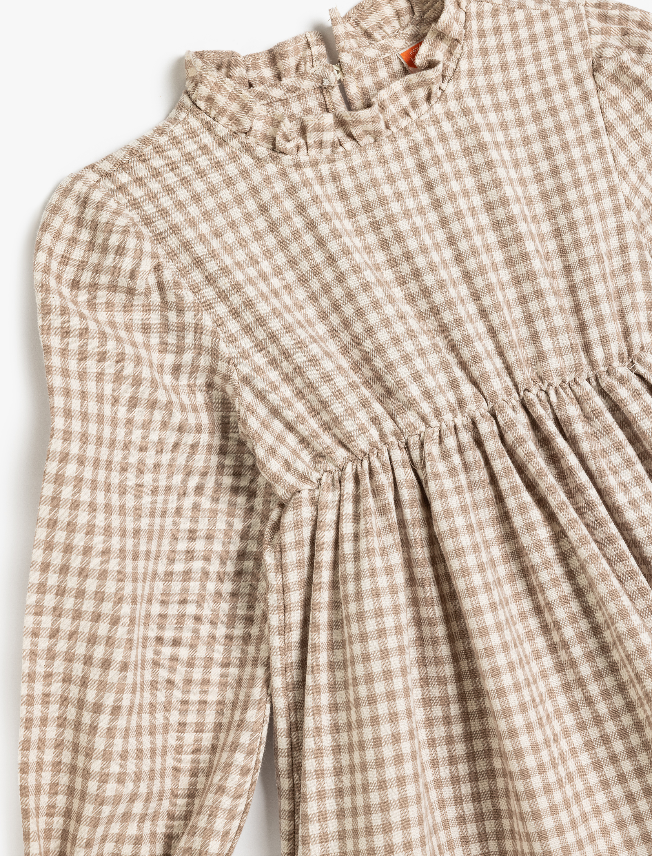 Kız Bebek Ekoseli Fırfır Detaylı Hakim Yaka Pamuklu Midi Elbise