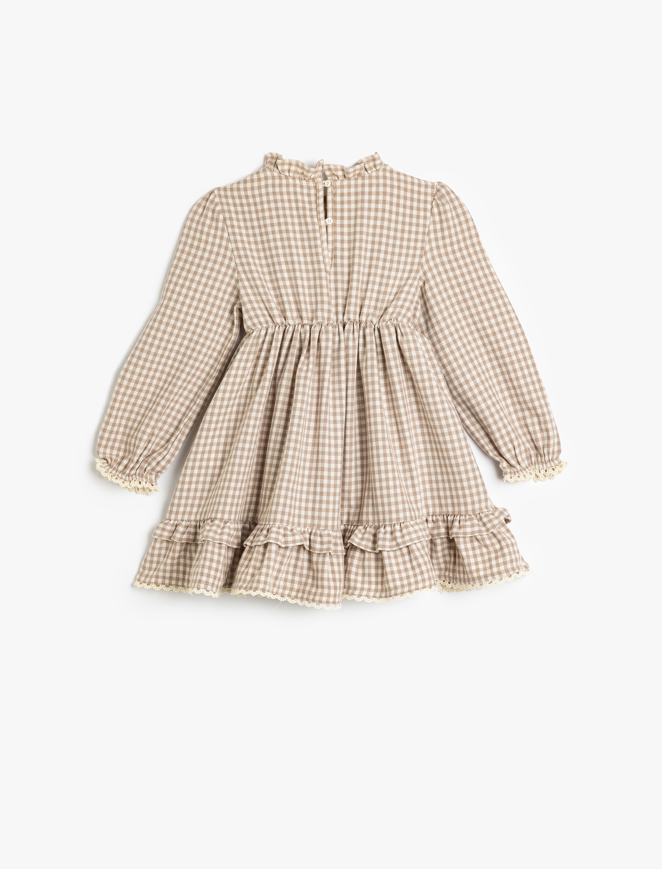 Kız Bebek Ekoseli Fırfır Detaylı Hakim Yaka Pamuklu Midi Elbise