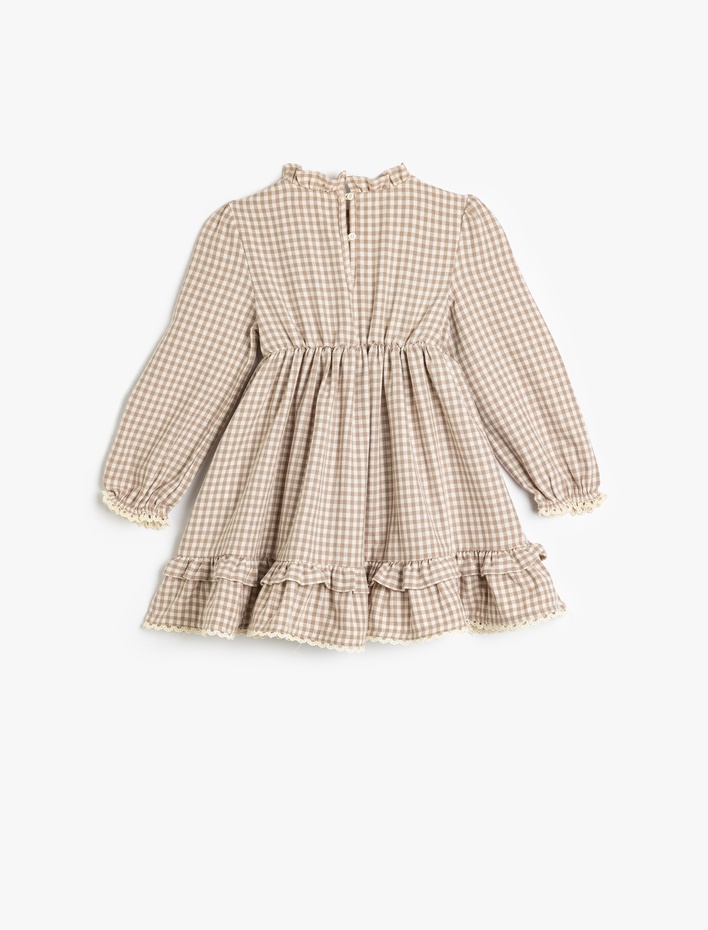 Kız Bebek Ekoseli Fırfır Detaylı Hakim Yaka Pamuklu Midi Elbise