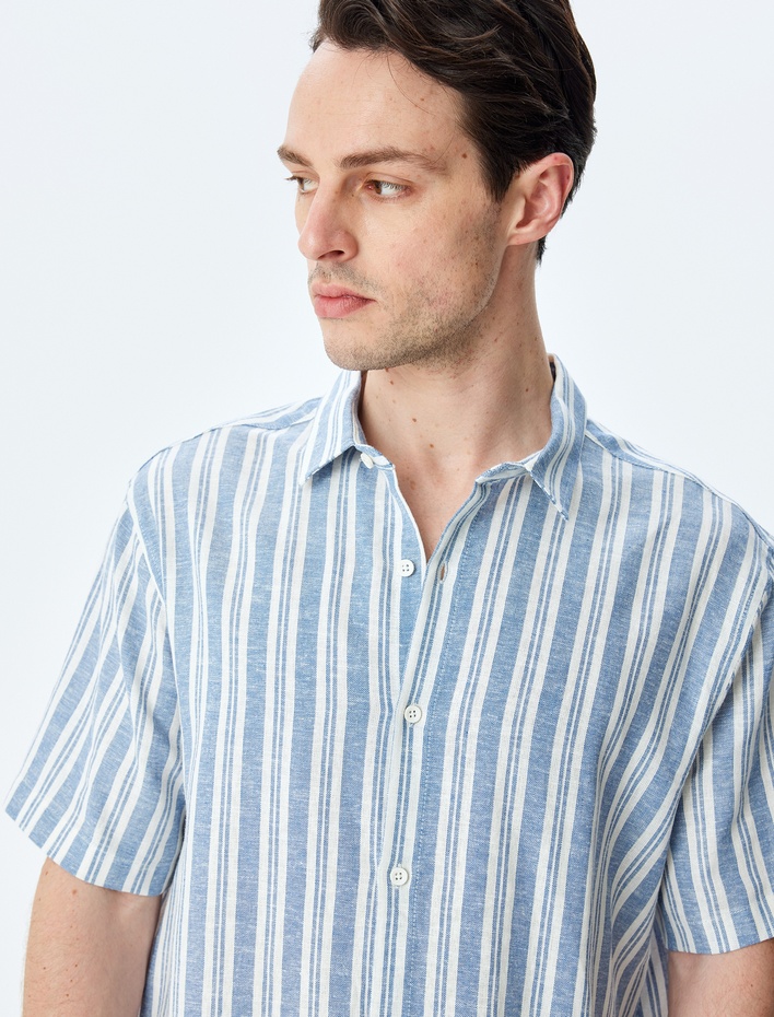  Kısa Kollu Regular Fit Çizgili Keten Karışımlı Gömlek