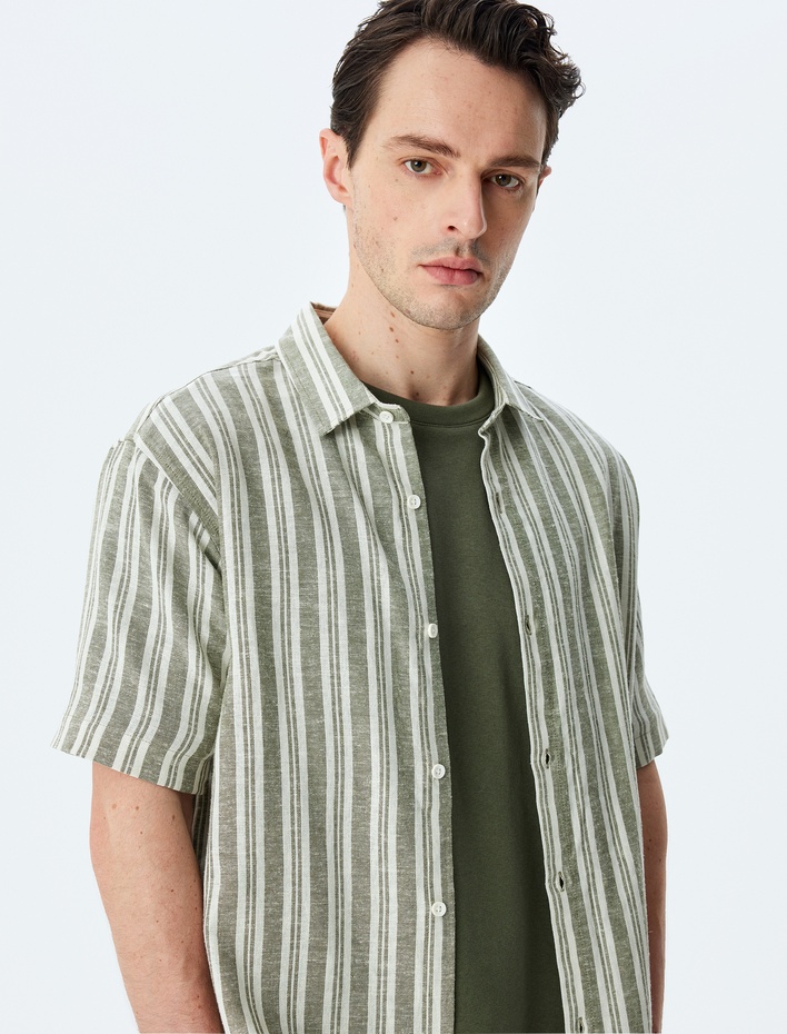  Kısa Kollu Regular Fit Çizgili Keten Karışımlı Gömlek