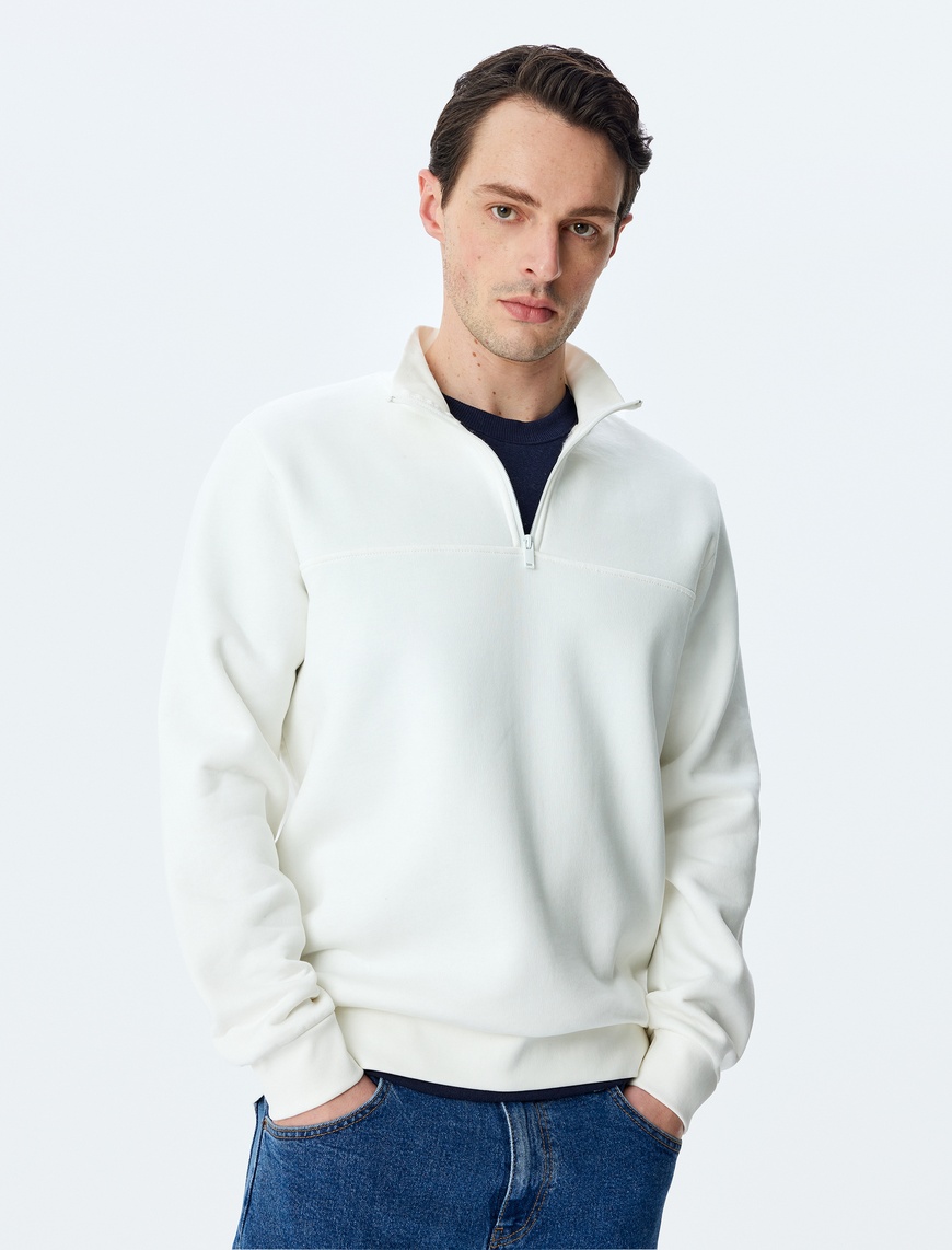   Uzun Kollu Pamuk Karışımlı Basic Yarım Fermuarlı Sweatshirt