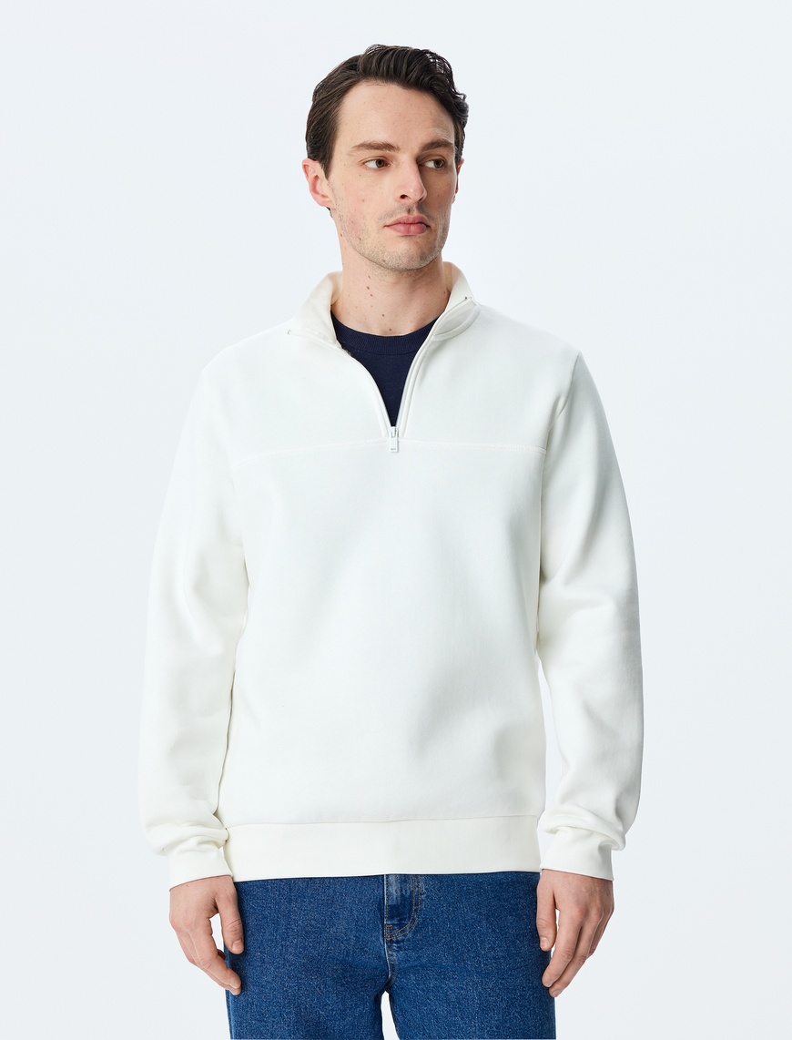   Uzun Kollu Pamuk Karışımlı Basic Yarım Fermuarlı Sweatshirt