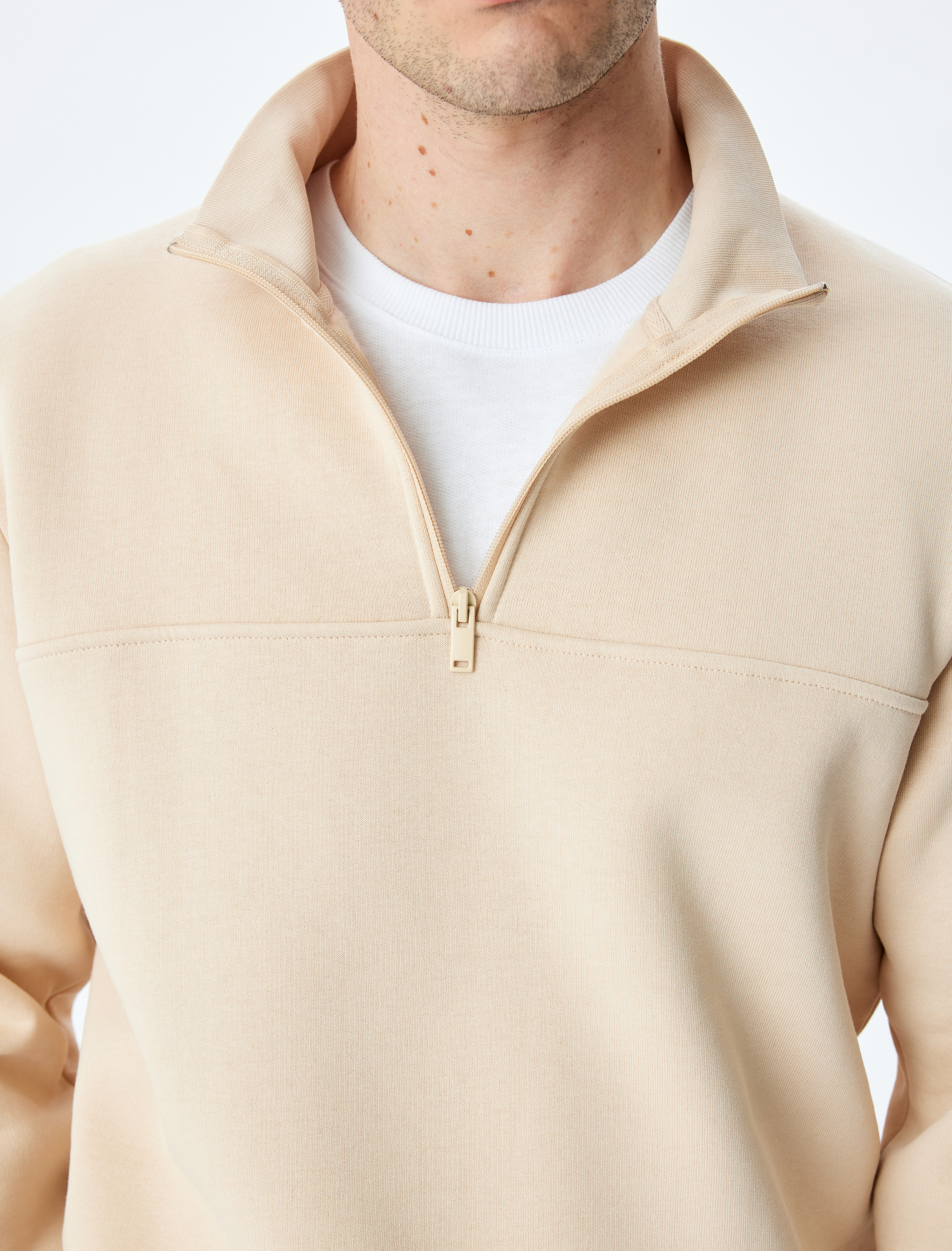   Uzun Kollu Pamuk Karışımlı Şardonlu Basic Yarım Fermuarlı Sweatshirt