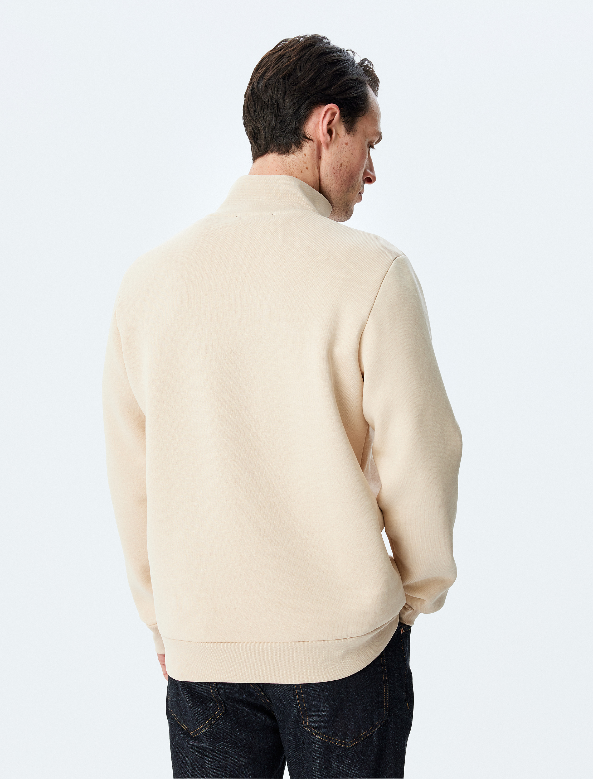   Uzun Kollu Pamuk Karışımlı Şardonlu Basic Yarım Fermuarlı Sweatshirt