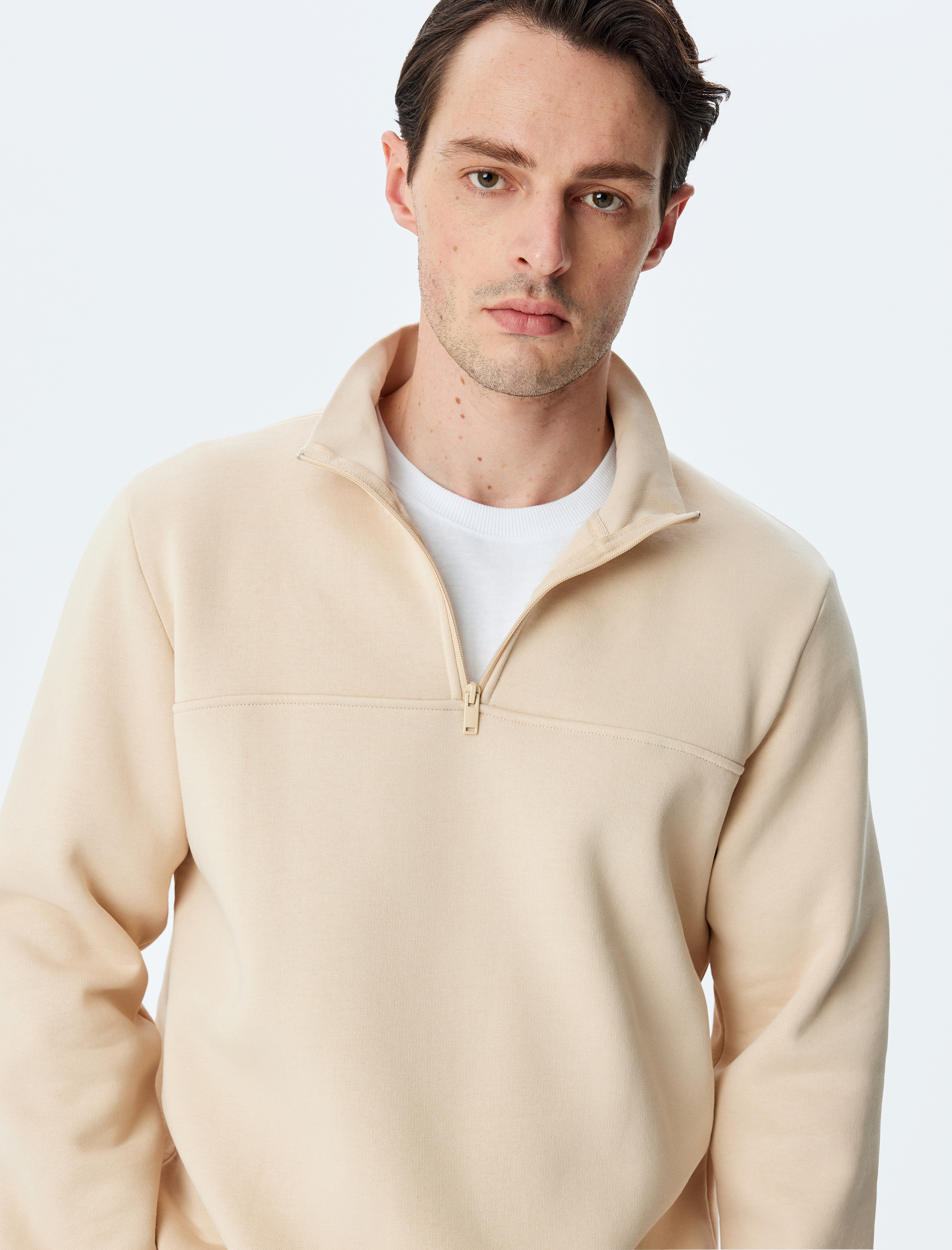   Uzun Kollu Pamuk Karışımlı Şardonlu Basic Yarım Fermuarlı Sweatshirt