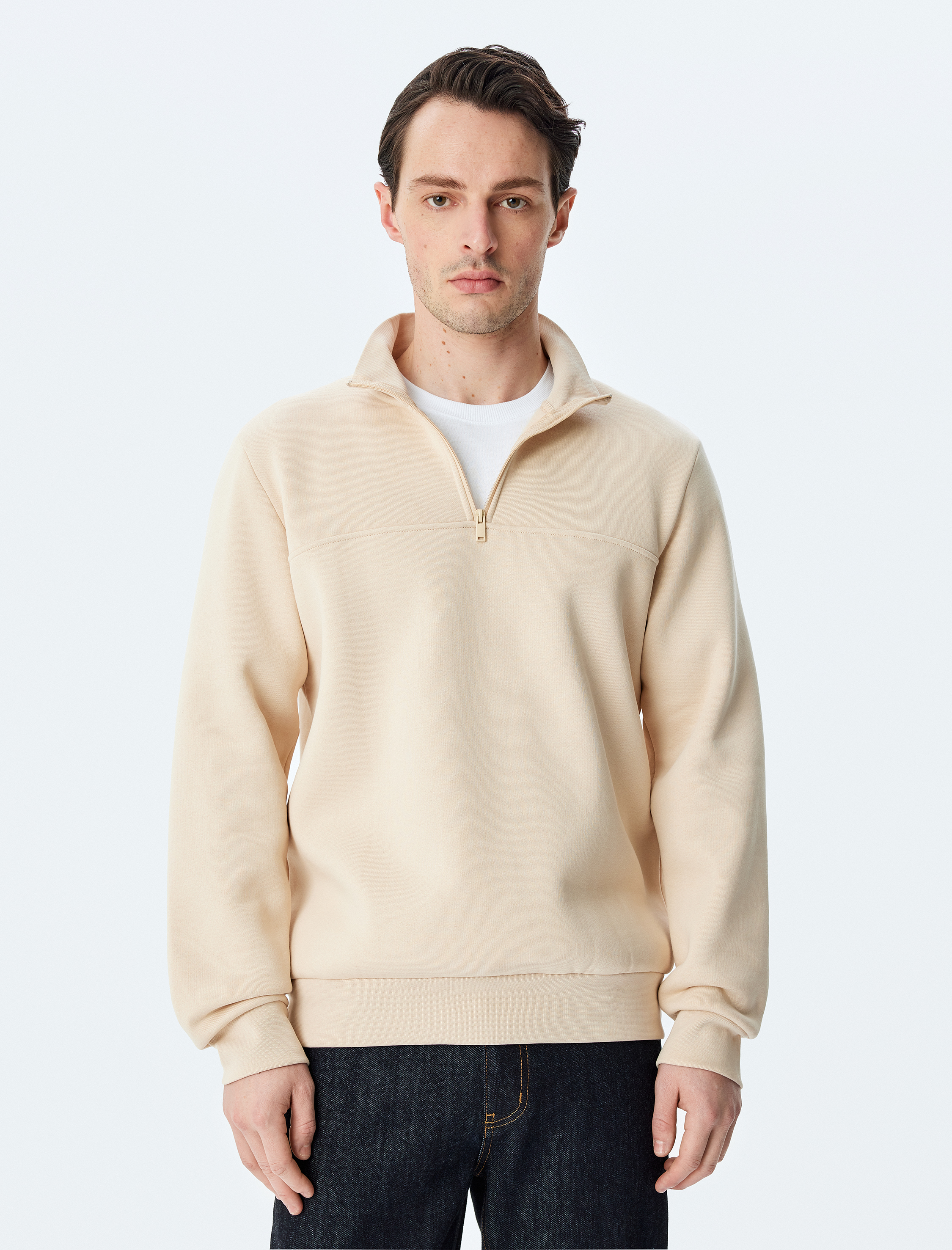   Uzun Kollu Pamuk Karışımlı Şardonlu Basic Yarım Fermuarlı Sweatshirt