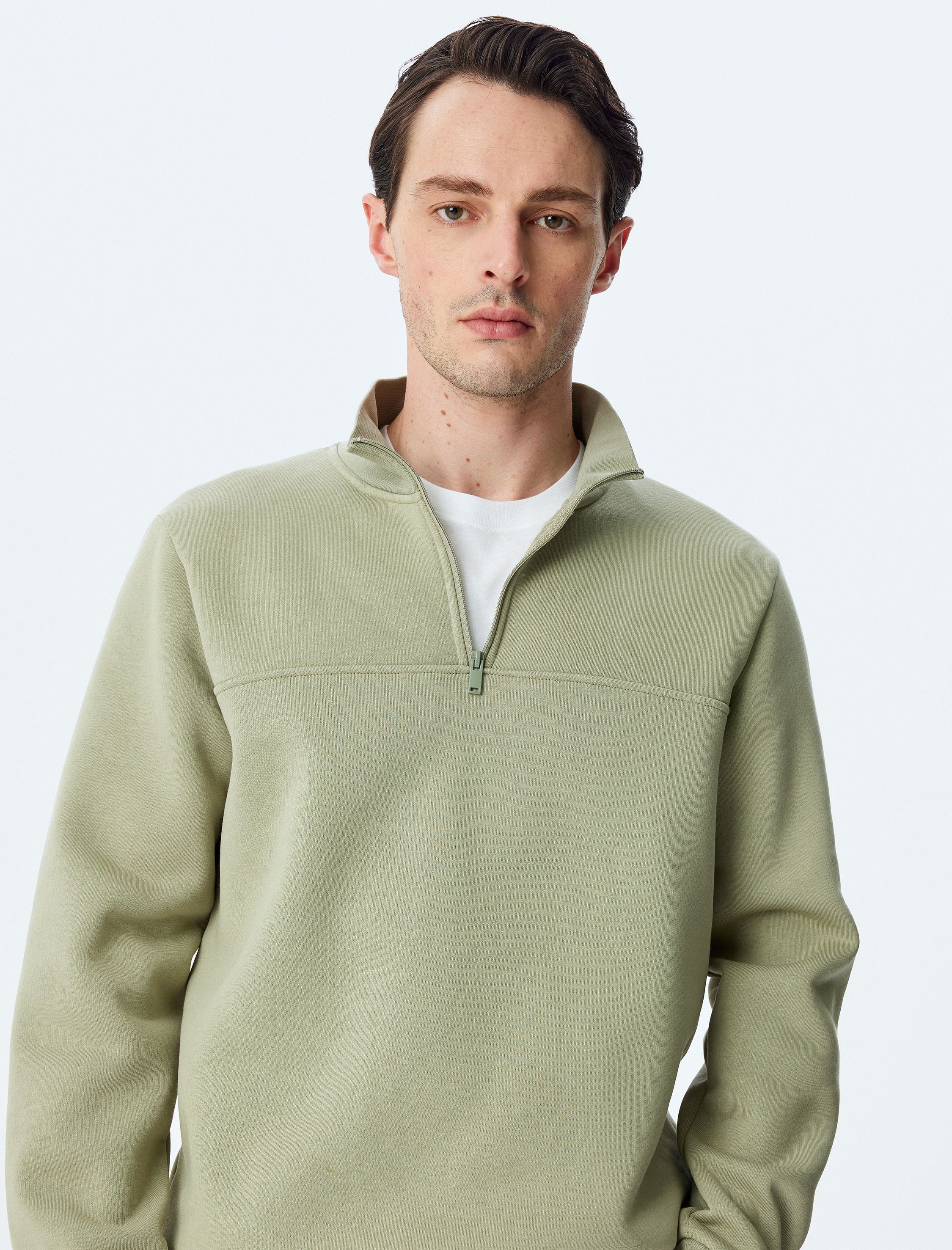   Uzun Kollu Pamuk Karışımlı Şardonlu Basic Yarım Fermuarlı Sweatshirt