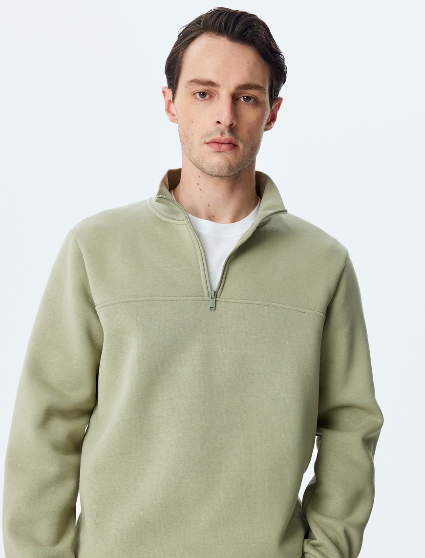   Uzun Kollu Pamuk Karışımlı Basic Yarım Fermuarlı Sweatshirt