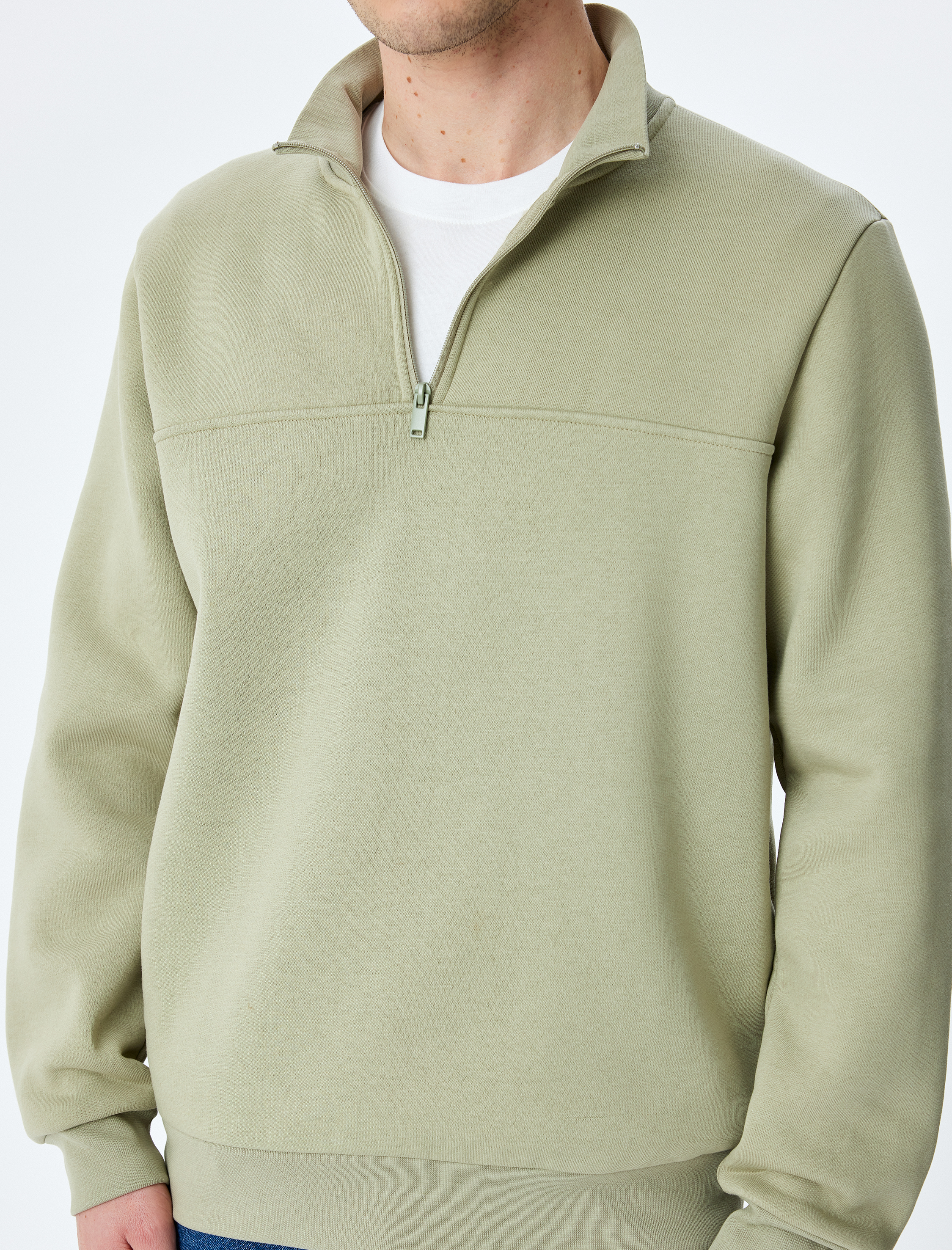   Uzun Kollu Pamuk Karışımlı Şardonlu Basic Yarım Fermuarlı Sweatshirt