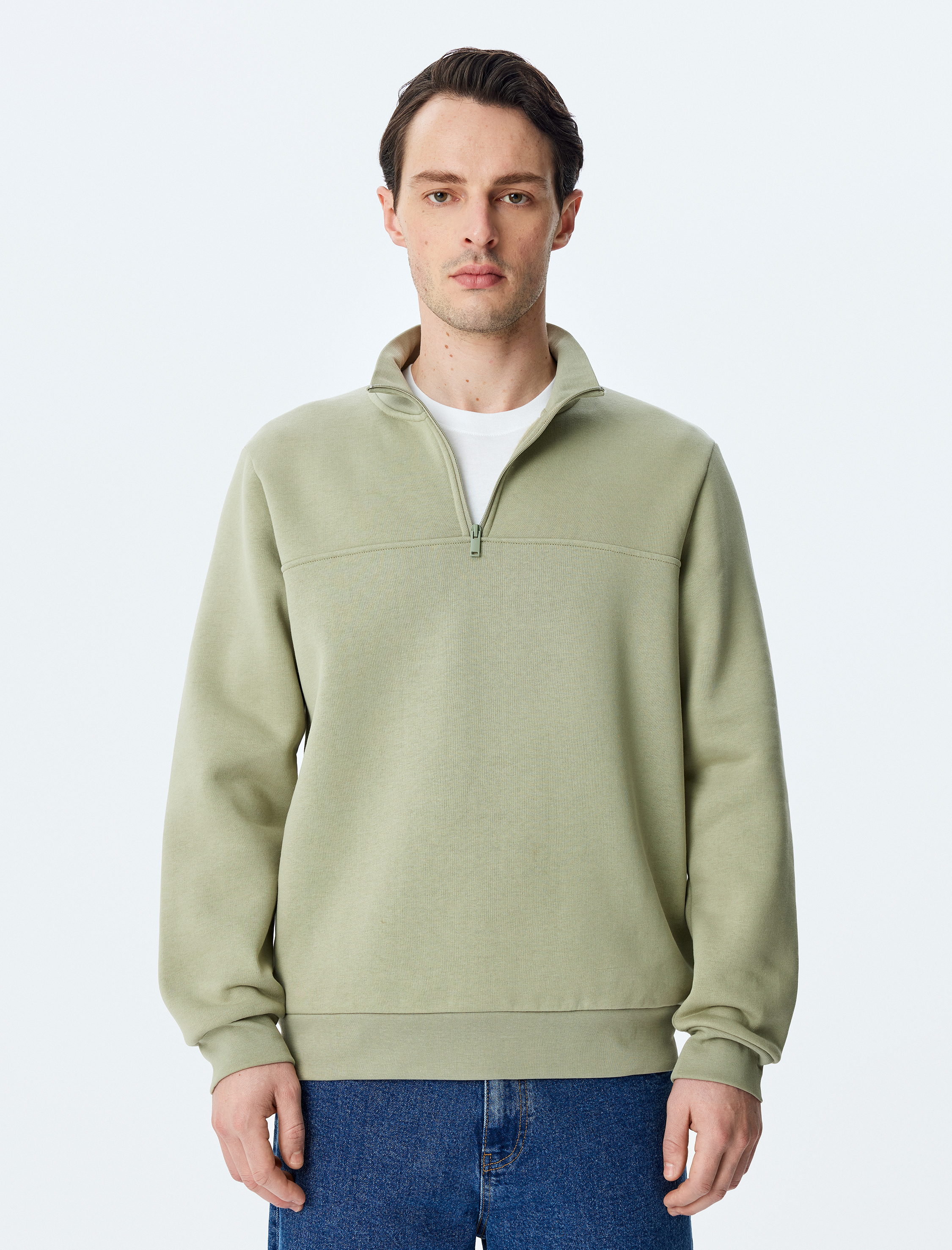   Uzun Kollu Pamuk Karışımlı Şardonlu Basic Yarım Fermuarlı Sweatshirt