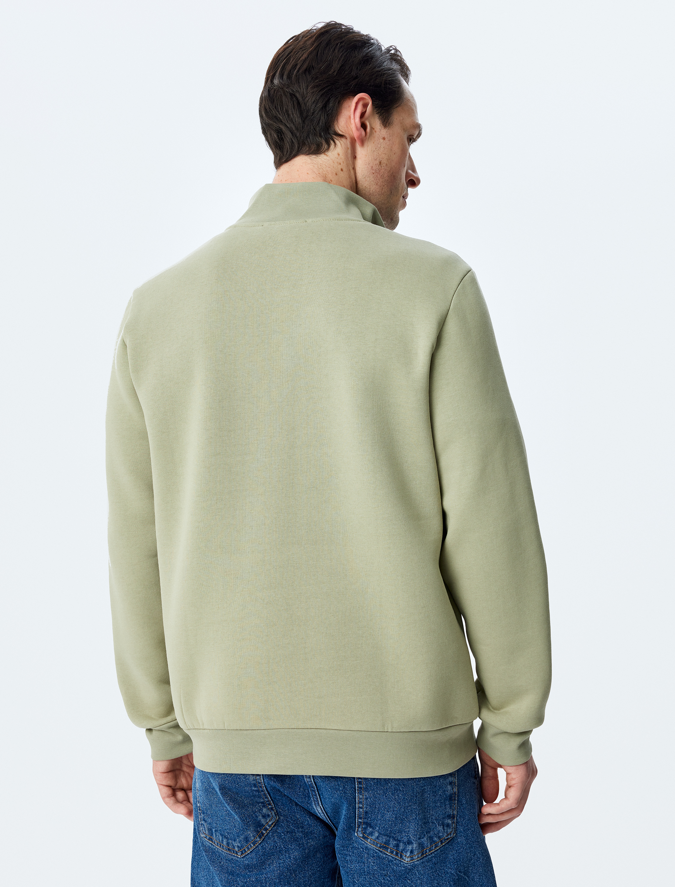   Uzun Kollu Pamuk Karışımlı Şardonlu Basic Yarım Fermuarlı Sweatshirt