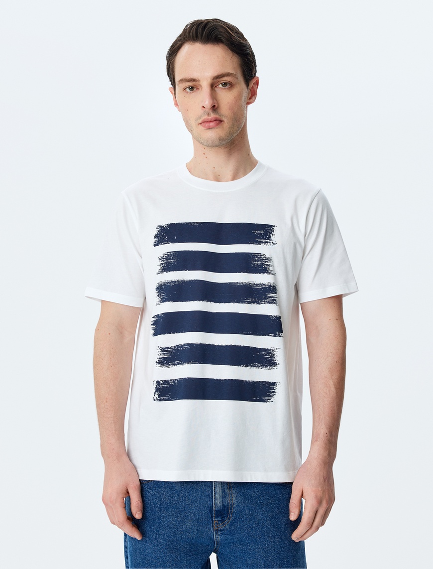  Bisiklet Yaka Çizgi Baskılı Pamuklu Kısa Kollu Slim Fit Tişört