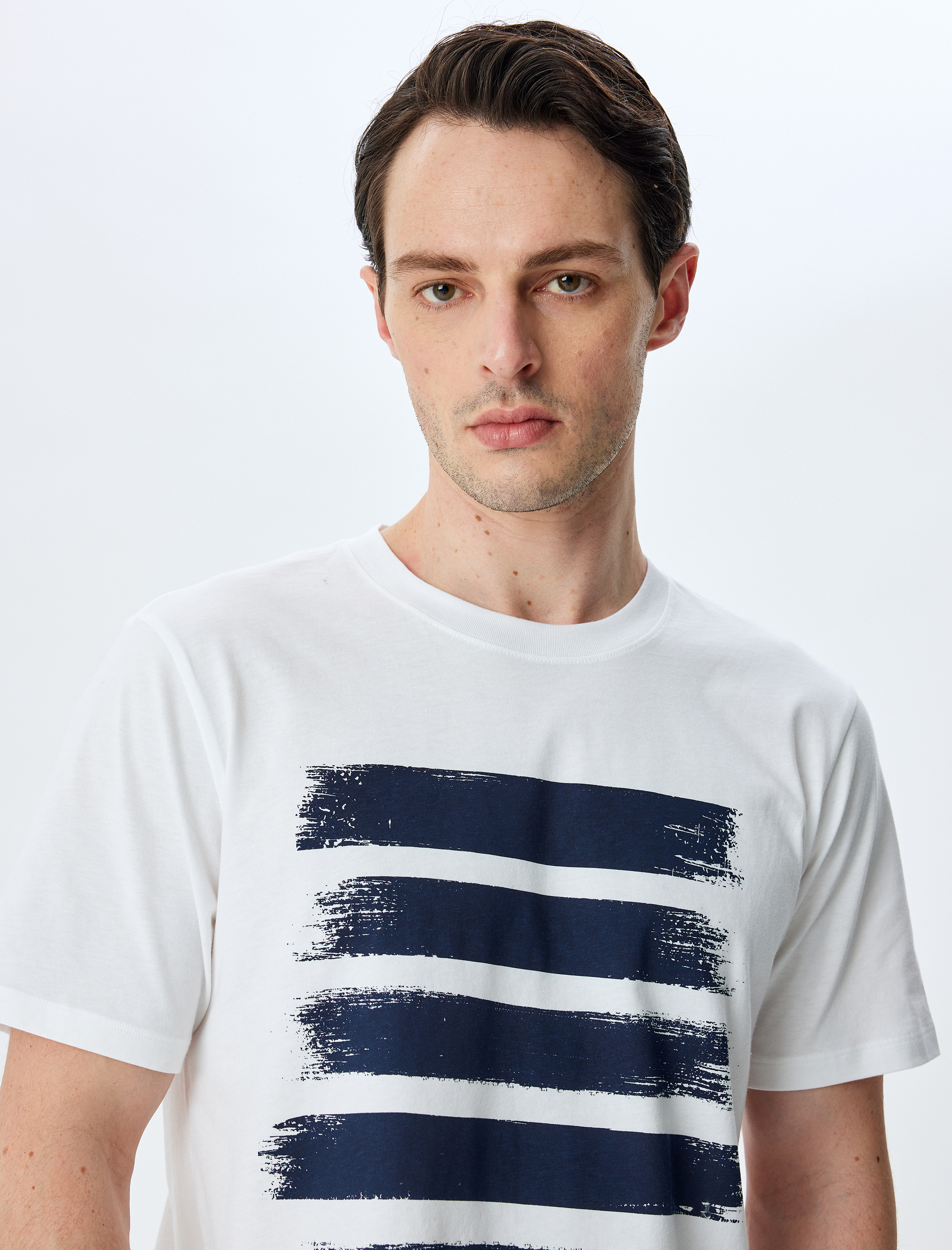   Bisiklet Yaka Çizgi Baskılı Pamuklu Kısa Kollu Slim Fit Tişört