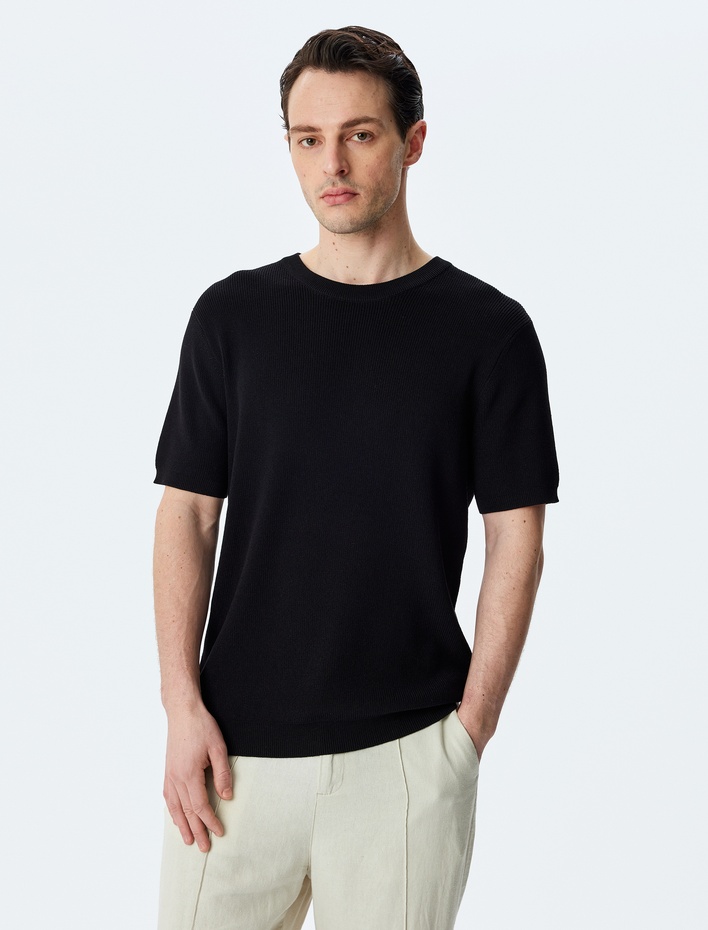  Bisiklet Yaka Regular Fit Viskon Karışımlı Kısa Kollu Triko Tişört