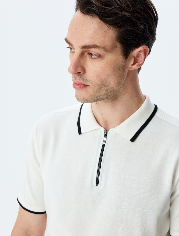  Kısa Kollu Polo Yaka Pamuklu Yarım Fermuarlı Triko Tişört