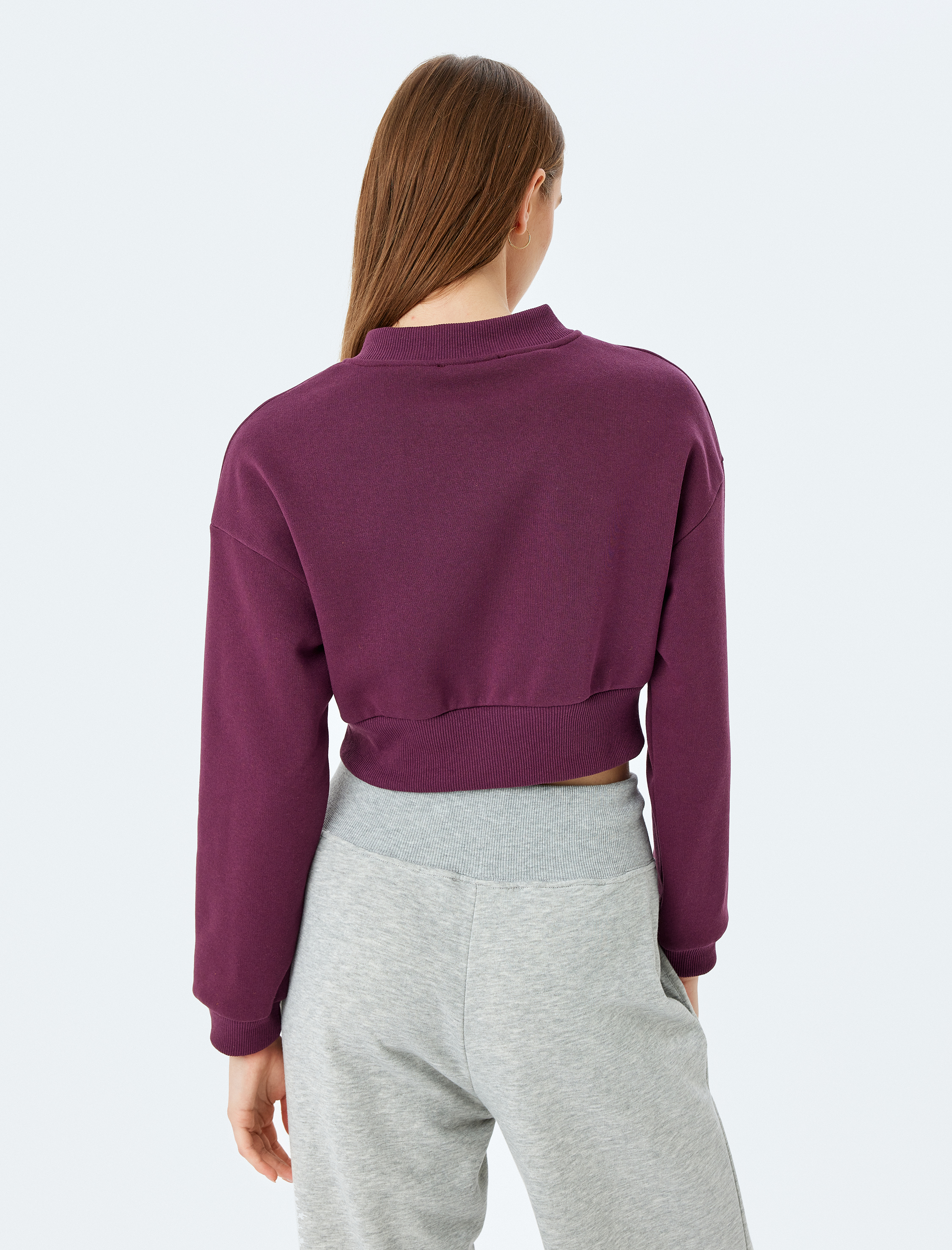   Şardonlu Bisiklet Yaka Fermuarlı Crop Spor Sweatshirt