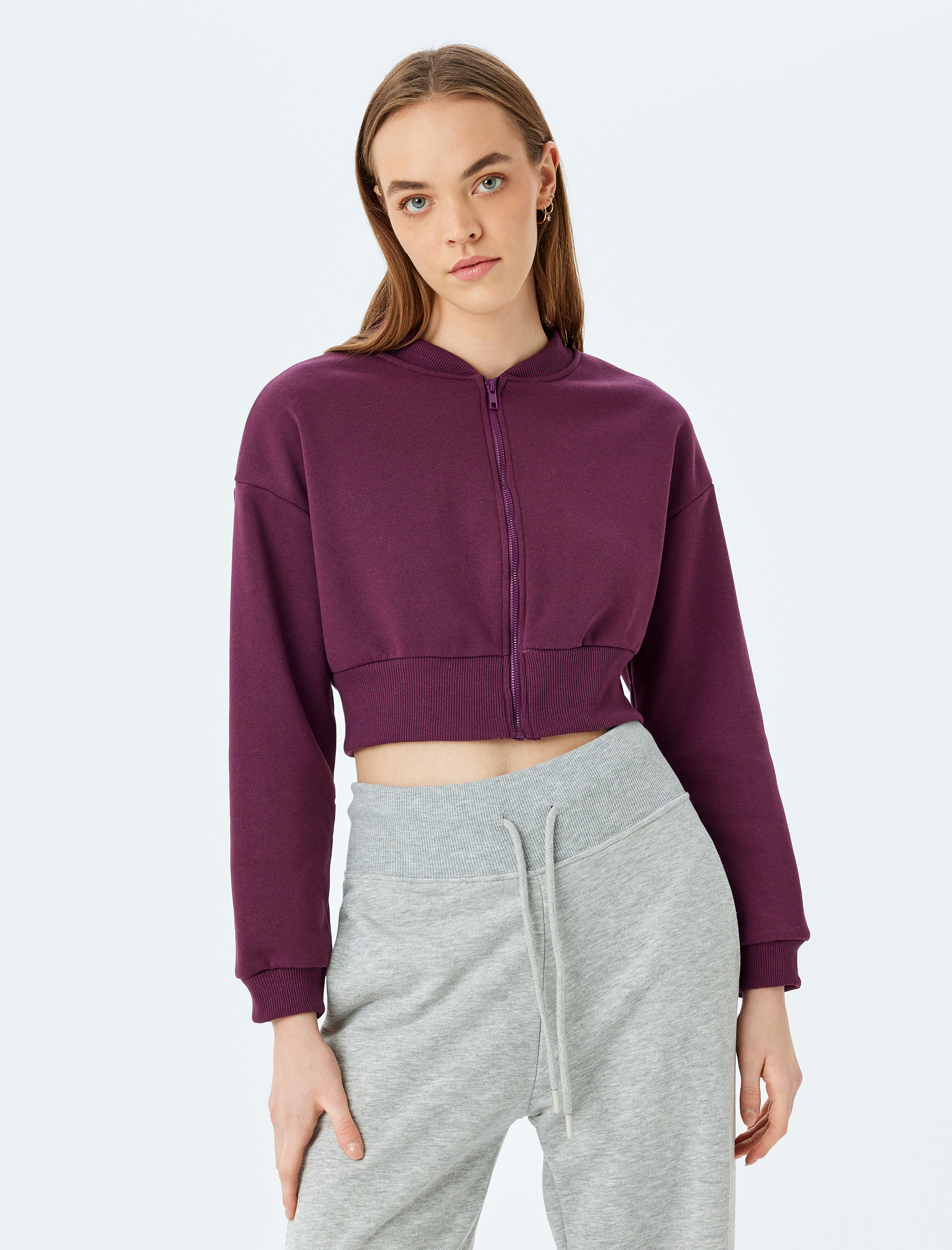   Şardonlu Bisiklet Yaka Fermuarlı Crop Spor Sweatshirt