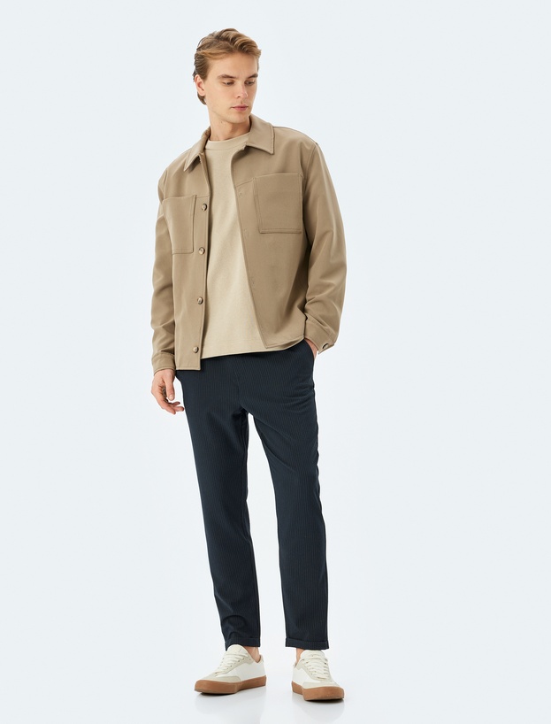 Katlamalı Paça Viskon Karışımlı Düğmeli Beli Bağcıklı Slim Fit Pantolon_0