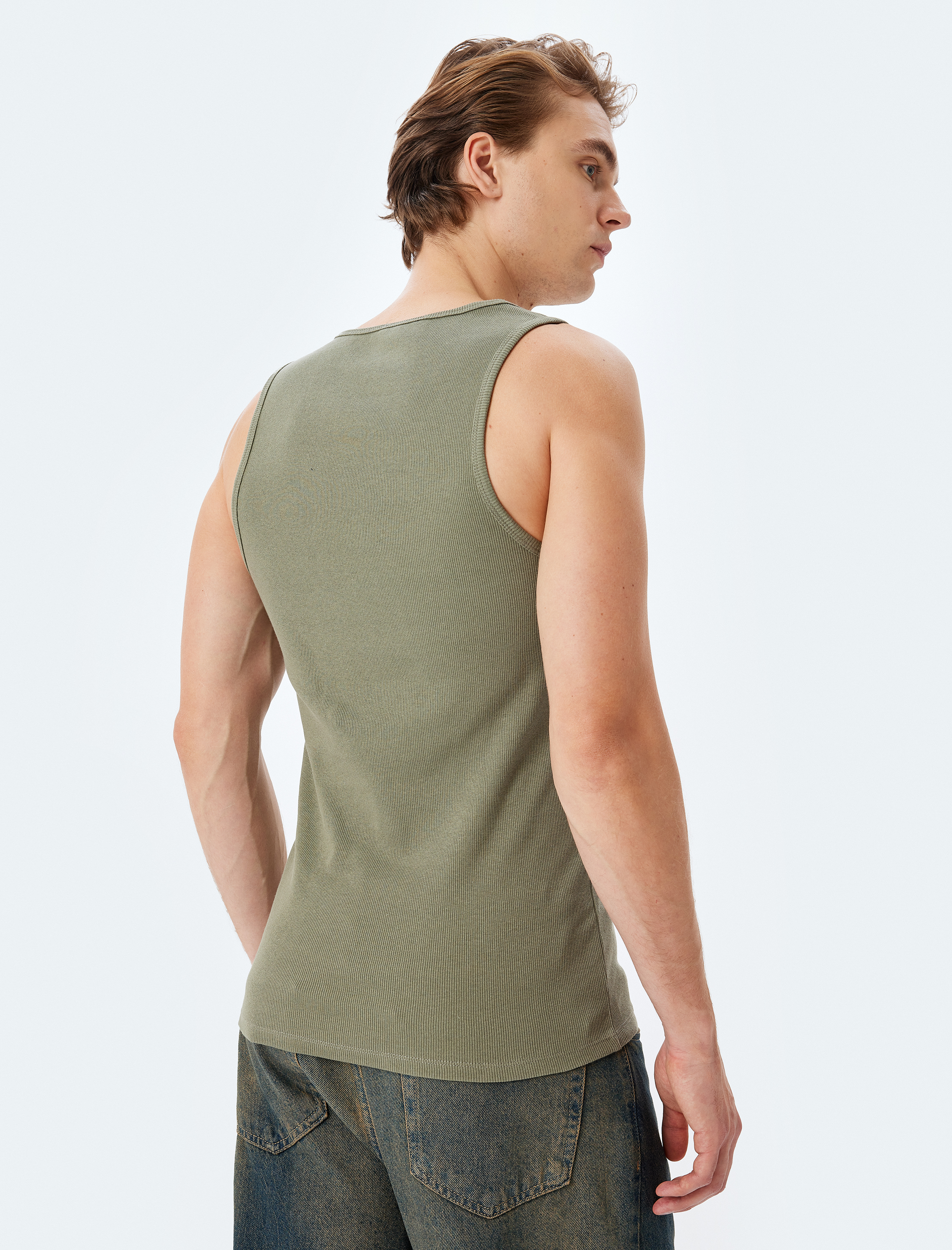   Bisiklet Yaka Slim Fit Kolsuz Fitilli Basic Atlet