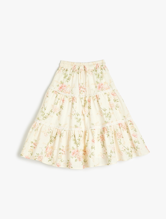 Kız Çocuk Çiçek Desenli Beli Lastikli Pamuklu Midi Etek
