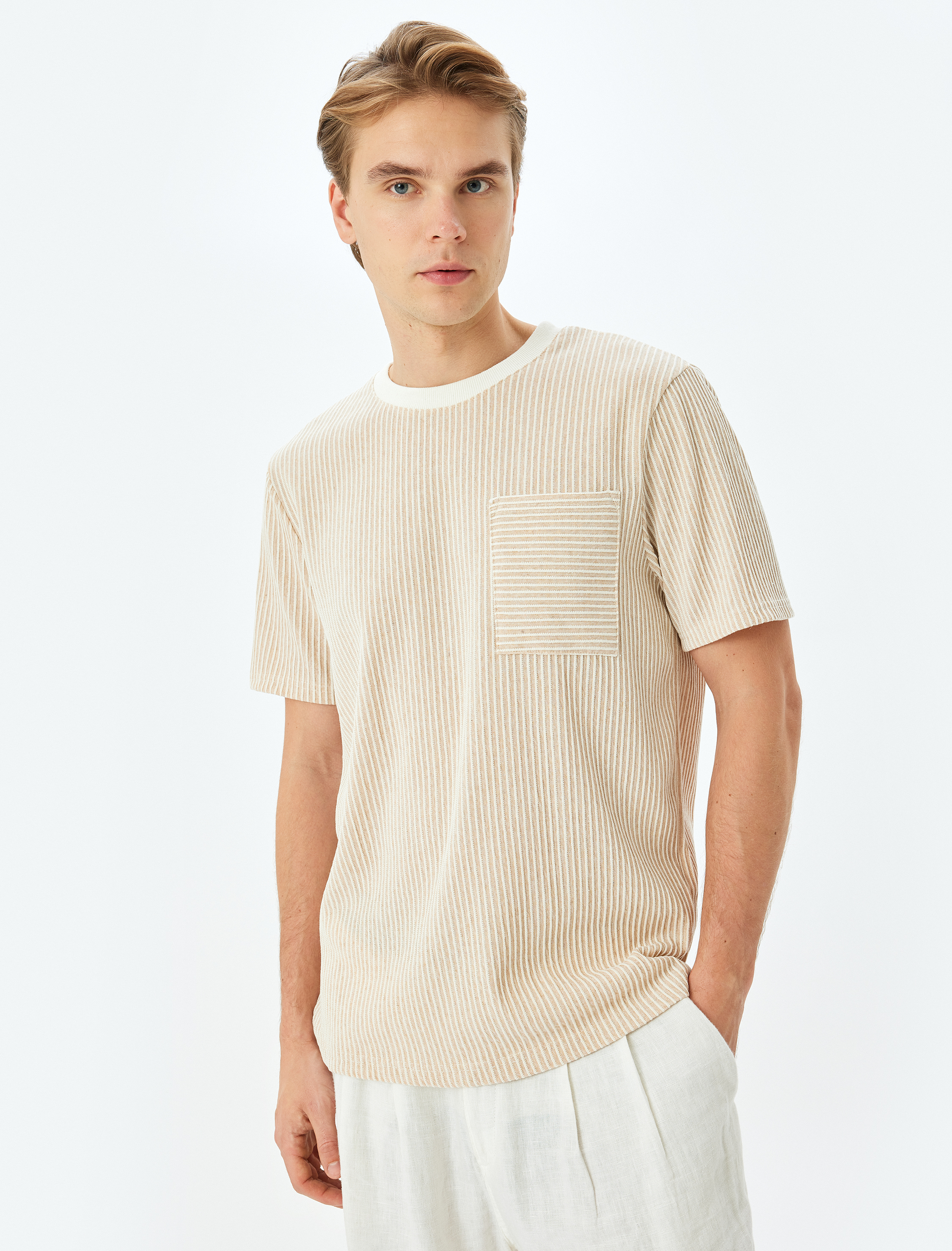   Cep Detaylı Bisiklet Yaka Regular Fit Kısa Kollu Çizgili Tişört