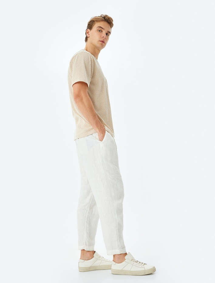  Cep Detaylı Bisiklet Yaka Regular Fit Kısa Kollu Çizgili Tişört