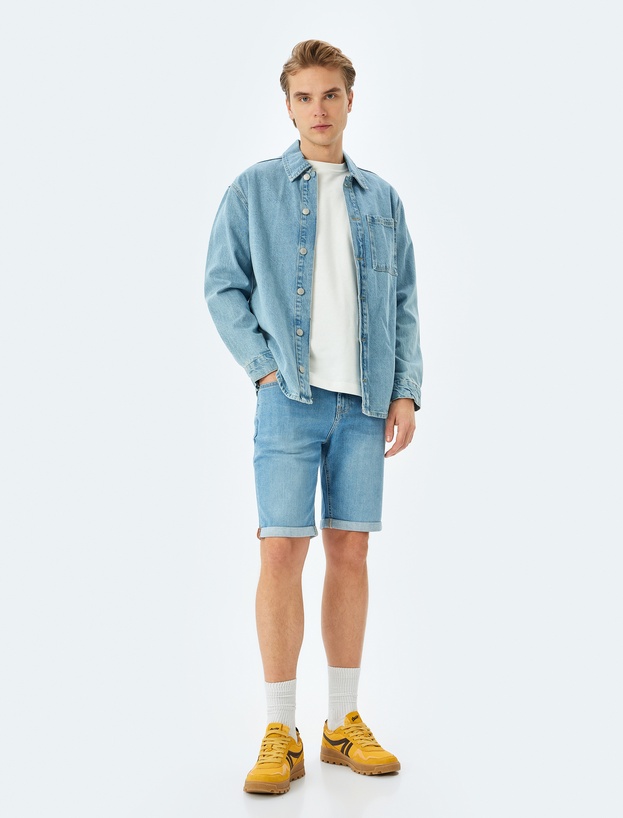 Katlamalı Paça Bermuda Slim Fit Jean Şort_1