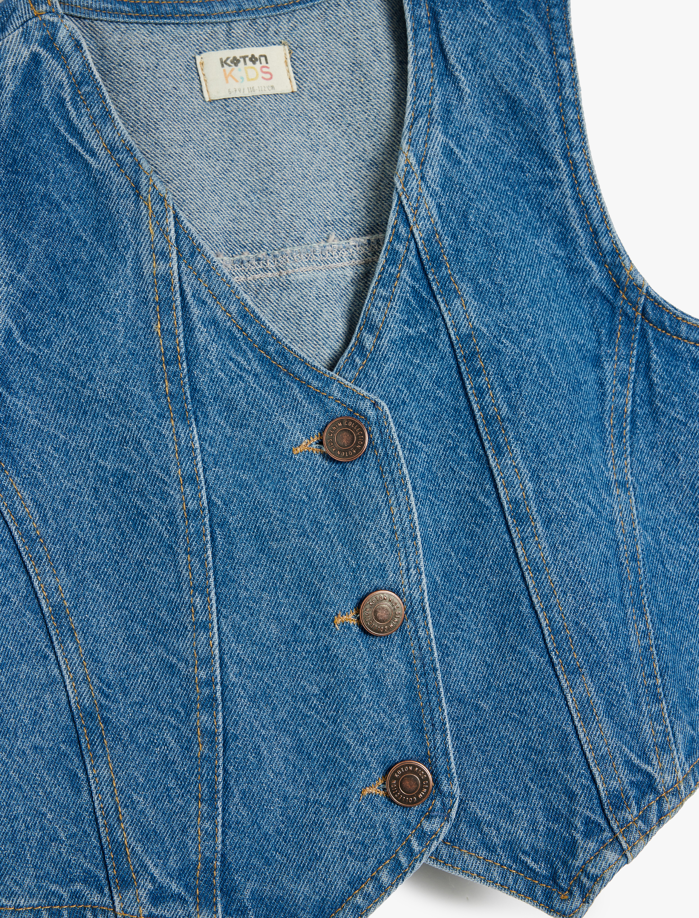  Kız Çocuk Düğme Kapamalı V Yaka Pamuklu Crop Denim Yelek