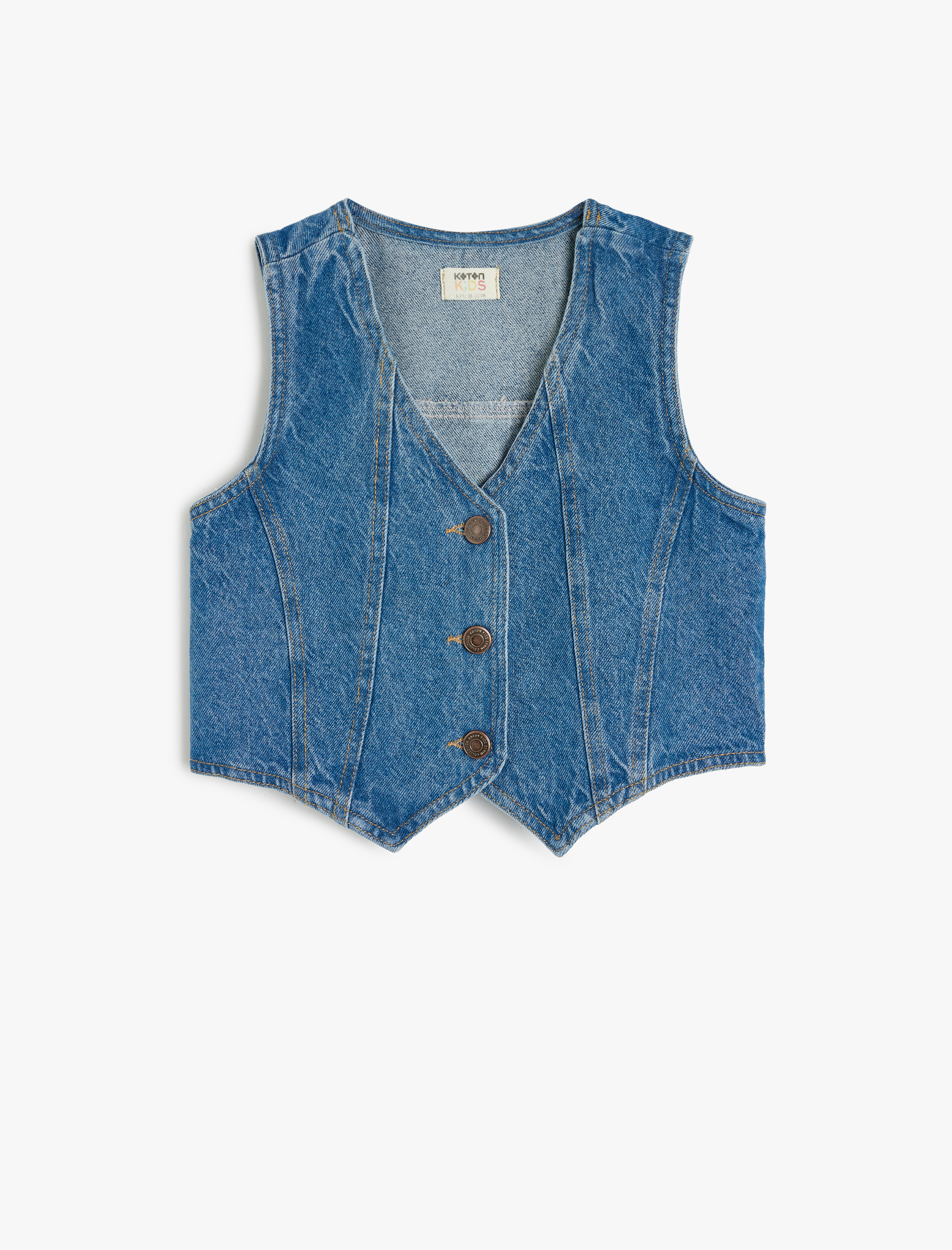 Koton Düğme Kapamalı V Yaka Pamuklu Denim Yelek -1