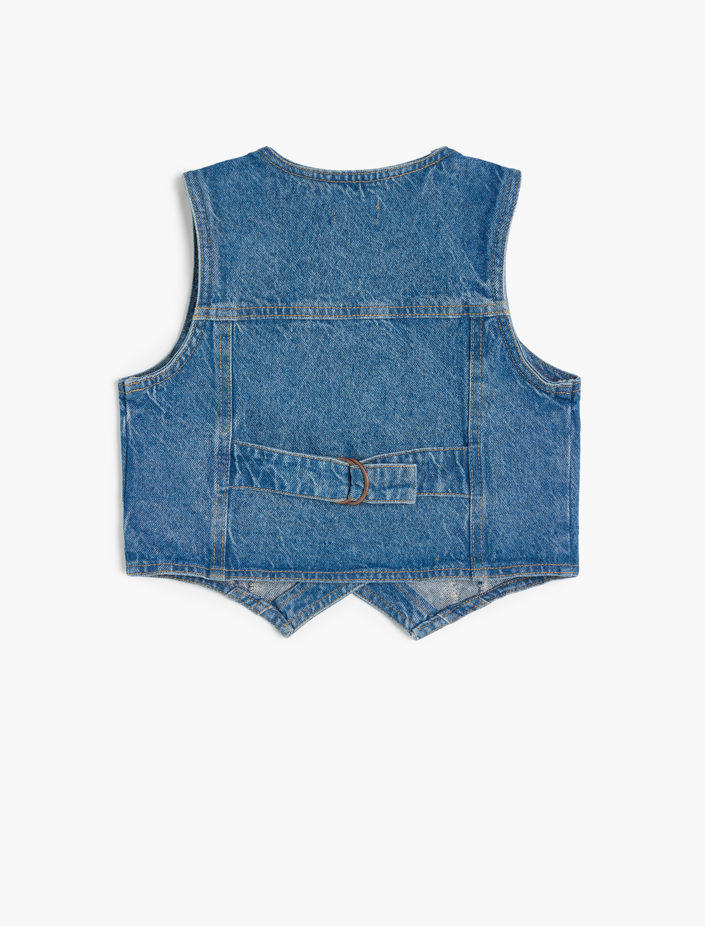  Kız Çocuk Düğme Kapamalı V Yaka Pamuklu Crop Denim Yelek