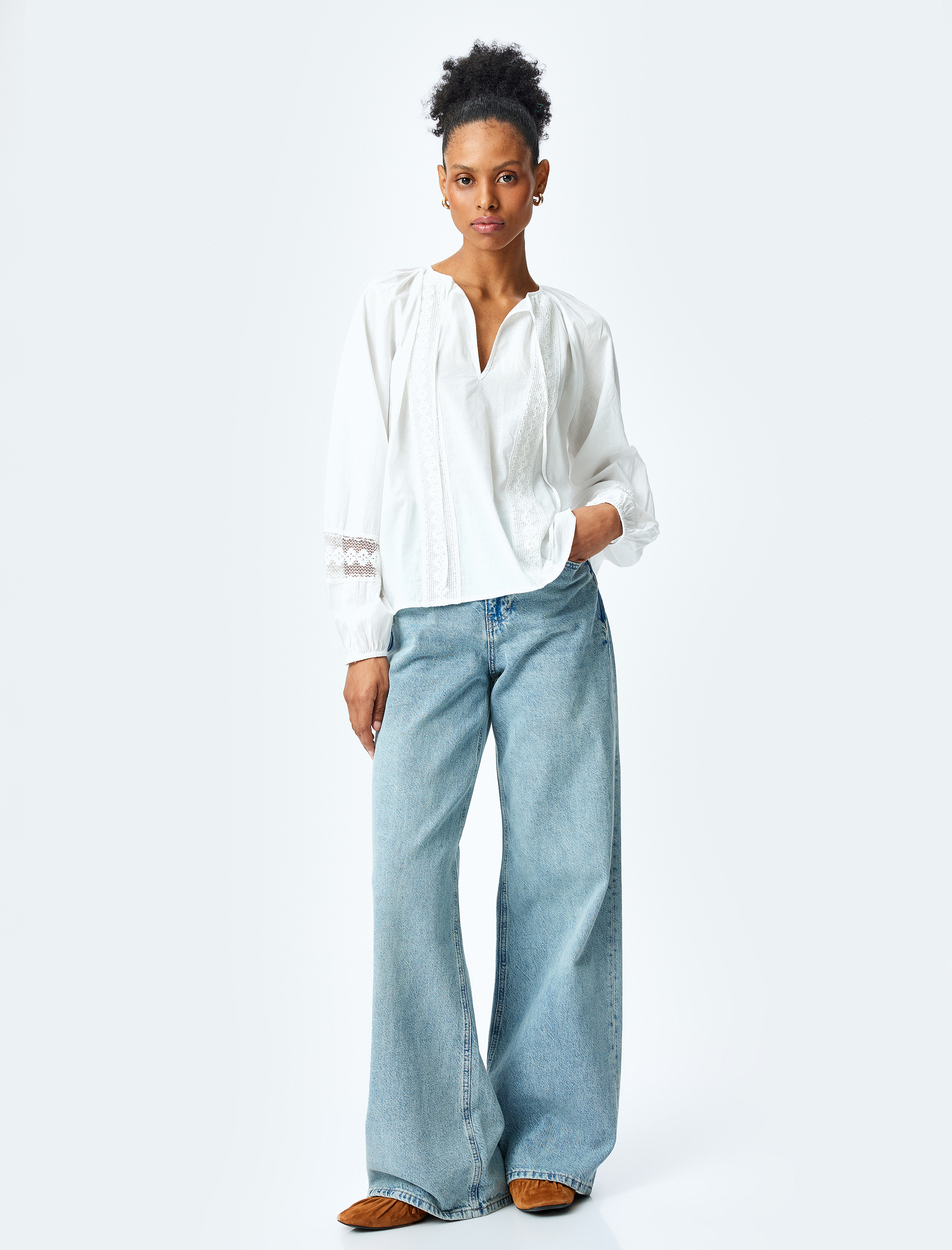   Fisto Detaylı Uzun Balon Kol Oversize Bluz