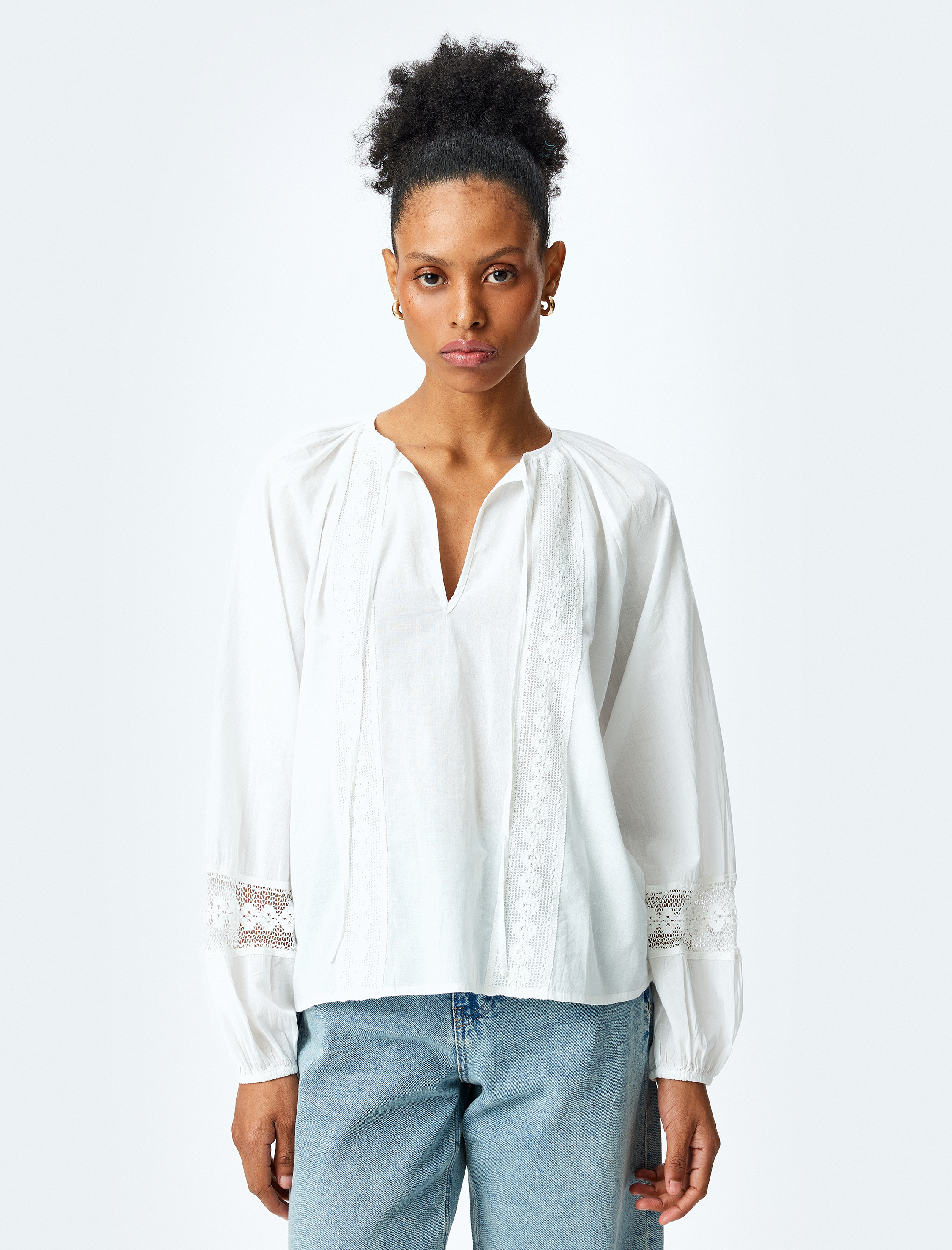   Fisto Detaylı Uzun Balon Kol Oversize Bluz