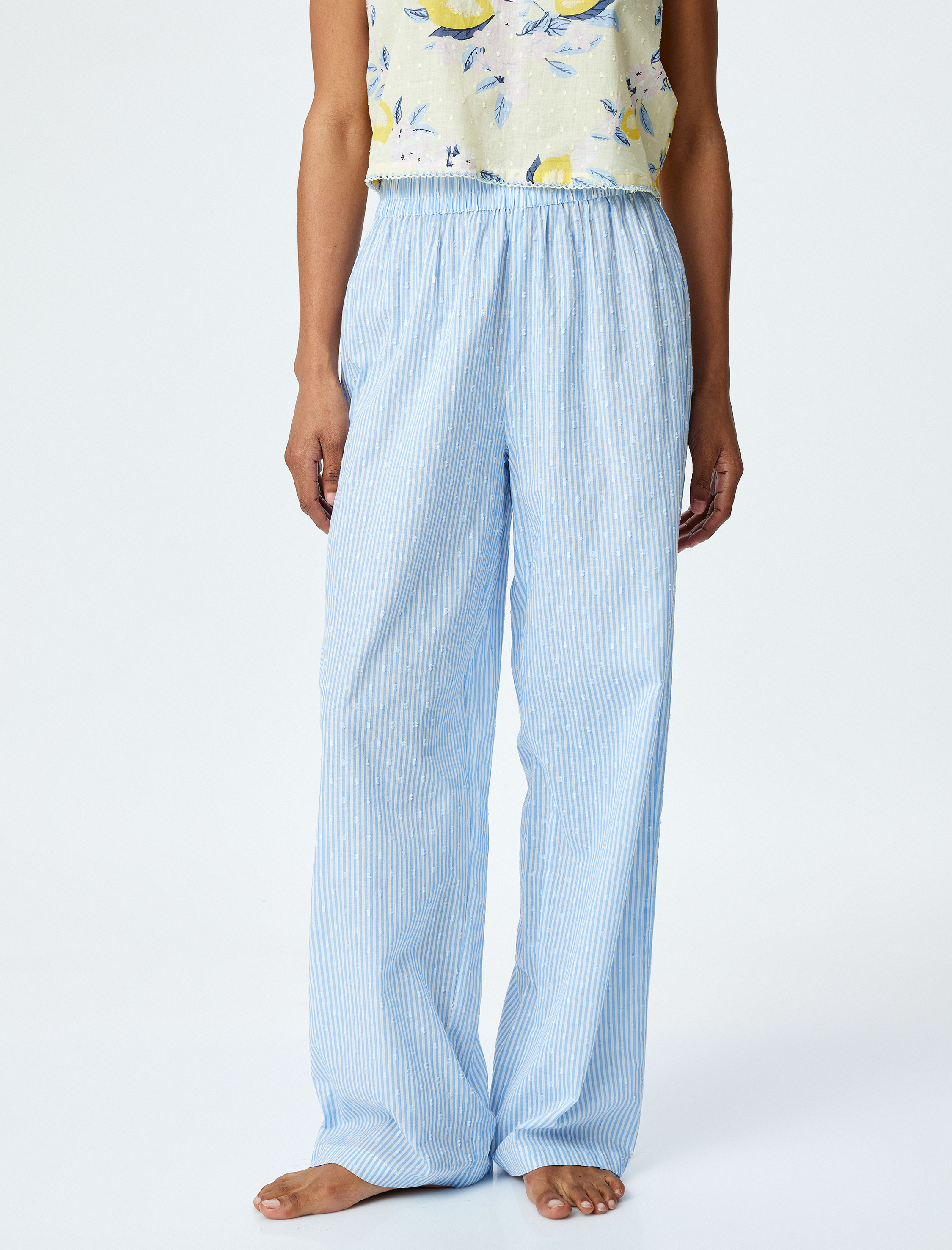   Beli Lastikli Pamuklu Çizgili Rahat Kesim Pijama Altı