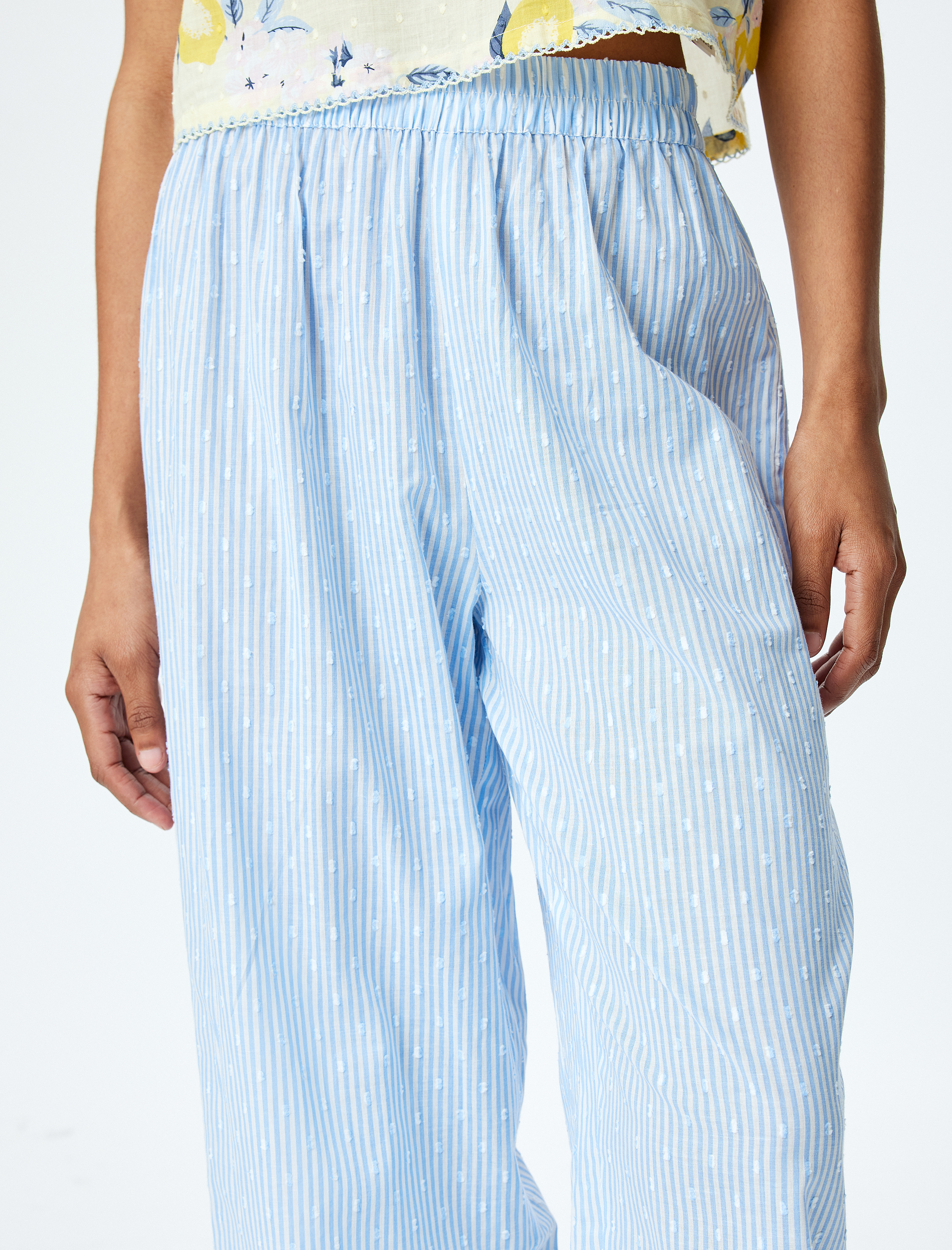   Beli Lastikli Pamuklu Çizgili Rahat Kesim Pijama Altı