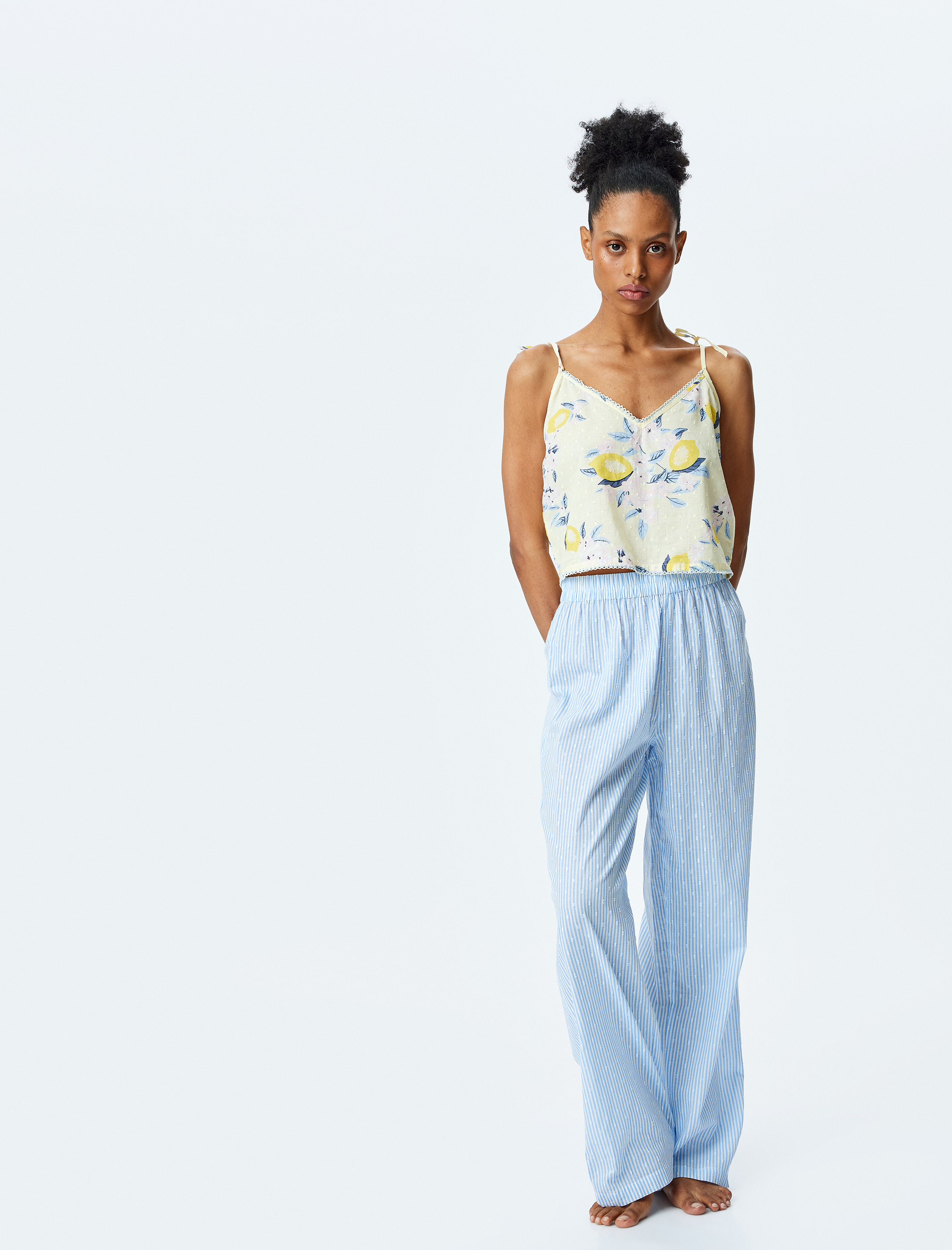   Beli Lastikli Pamuklu Çizgili Rahat Kesim Pijama Altı