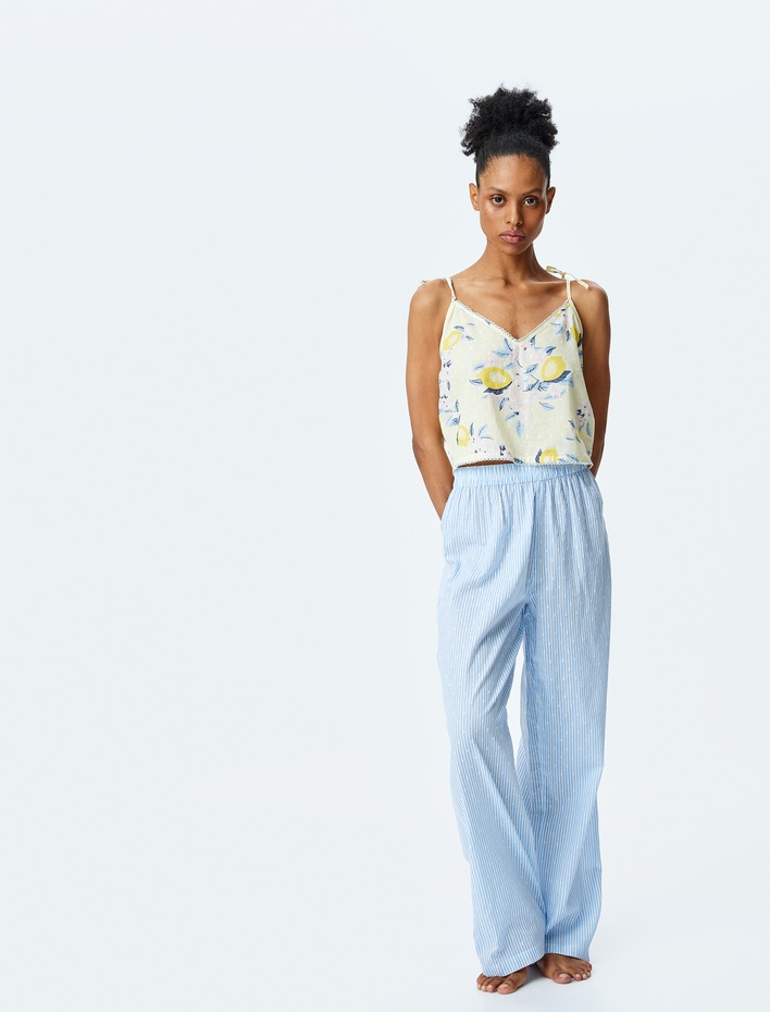  Beli Lastikli Pamuklu Çizgili Rahat Kesim Pijama Altı