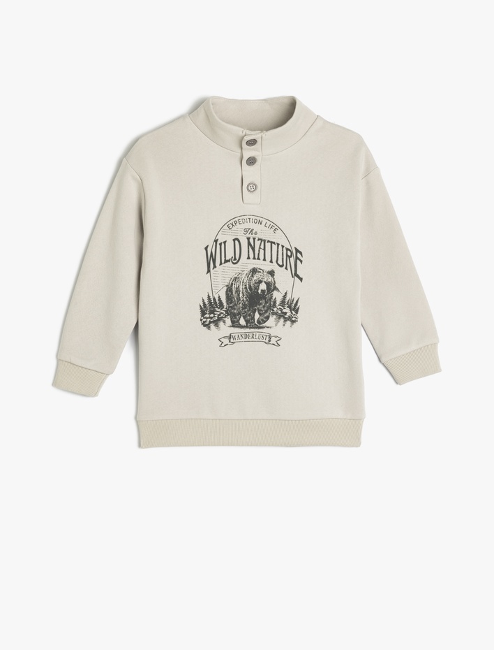 Erkek Çocuk Dik Yaka Düğme Detaylı Baskılı Pamuklu Şardonlu Oversize Sweatshirt