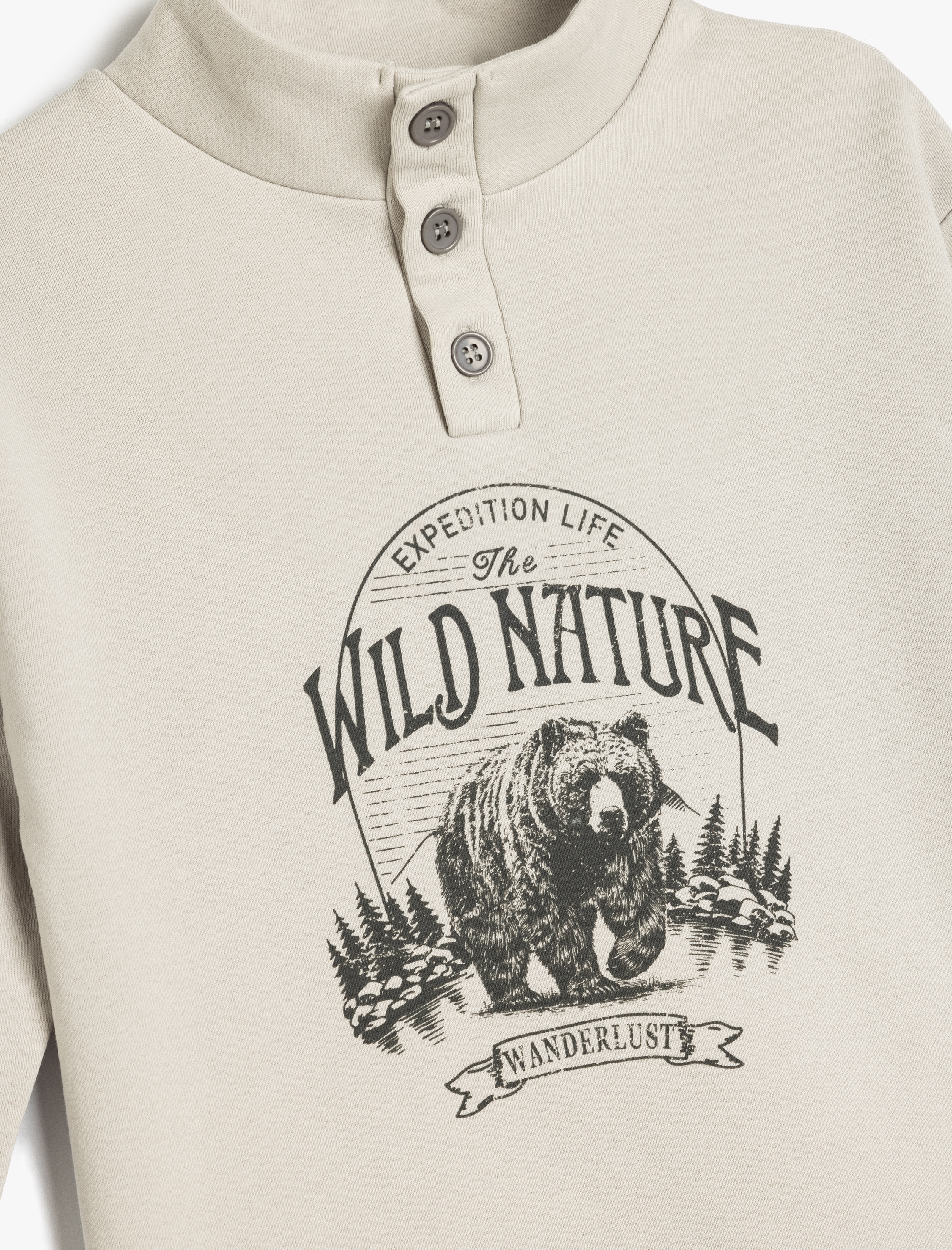  Erkek Çocuk Dik Yaka Düğme Detaylı Baskılı Pamuklu Şardonlu Oversize Sweatshirt