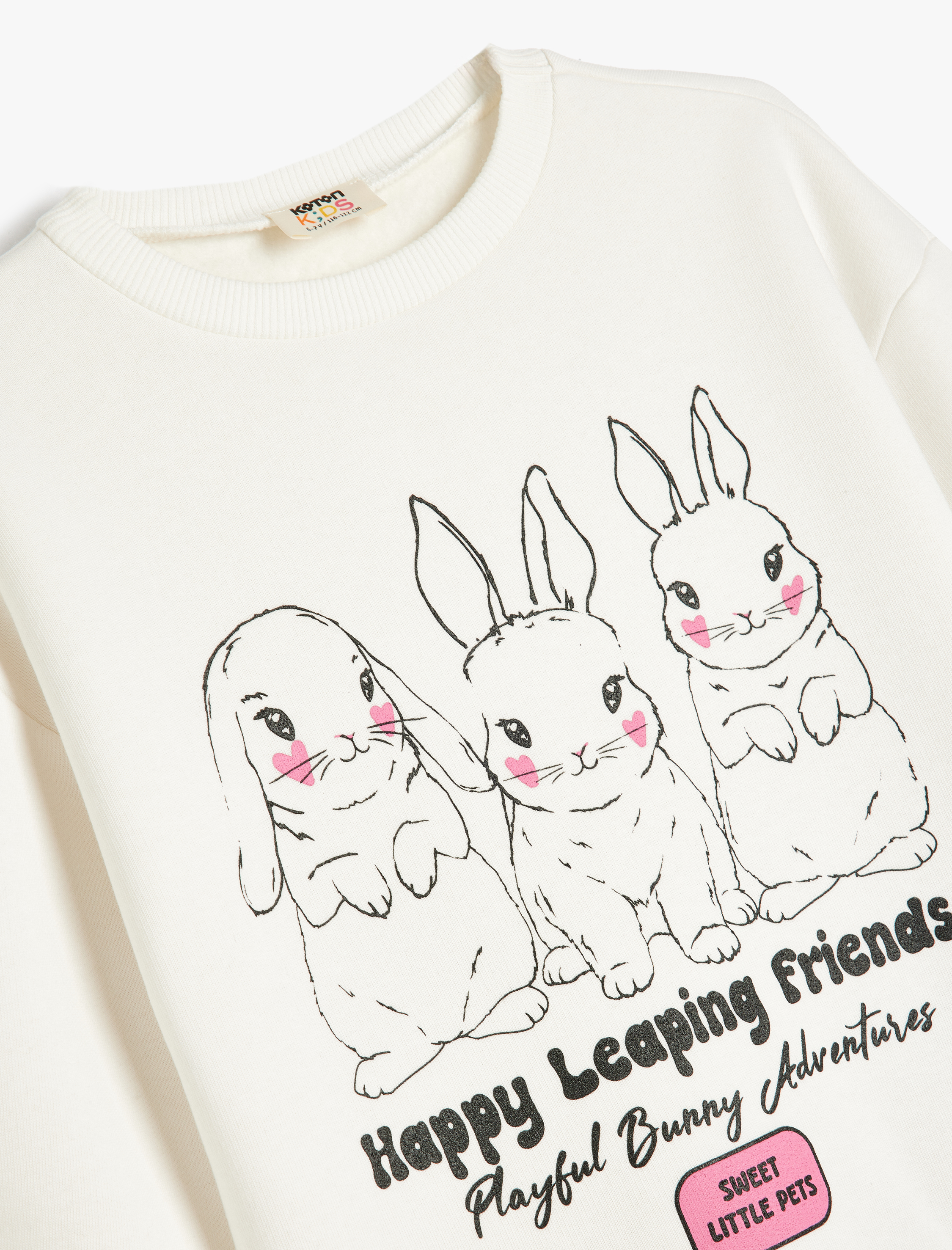 Kız Çocuk Tavşan Baskılı Uzun Kollu Bisiklet Yaka Şardonlu Sweatshirt