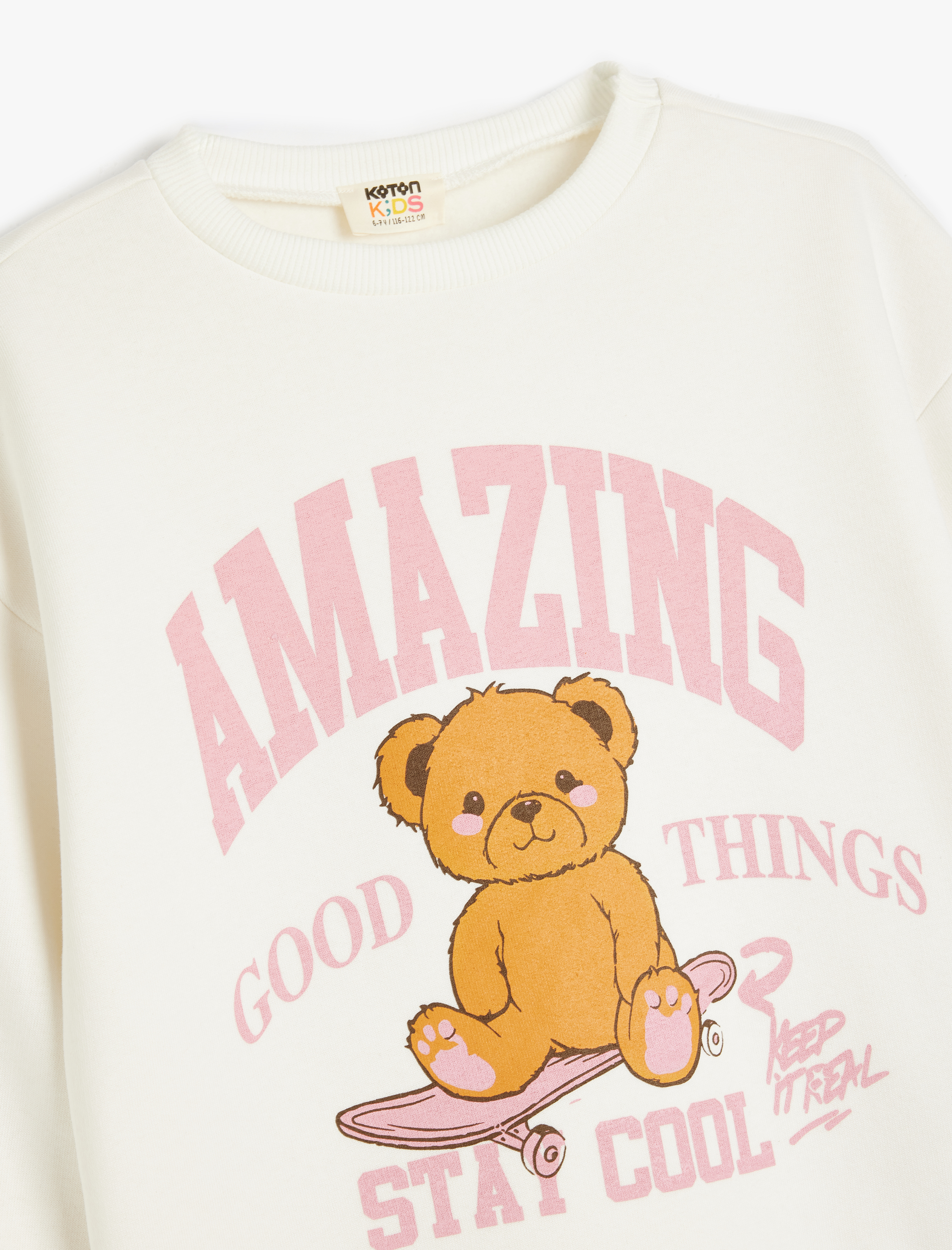 Kız Çocuk Ayıcık Baskılı Bisiklet Yaka Uzun Kollu Şardonlu Sweatshirt