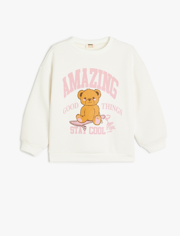 Kız Çocuk Ayıcık Baskılı Bisiklet Yaka Uzun Kollu Şardonlu Sweatshirt