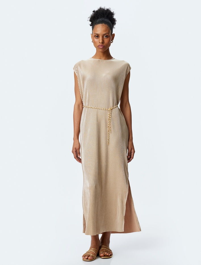  Kemer Detaylı Yuvarlak Yaka Kolsuz Pileli Piliseli Uzun Elbise