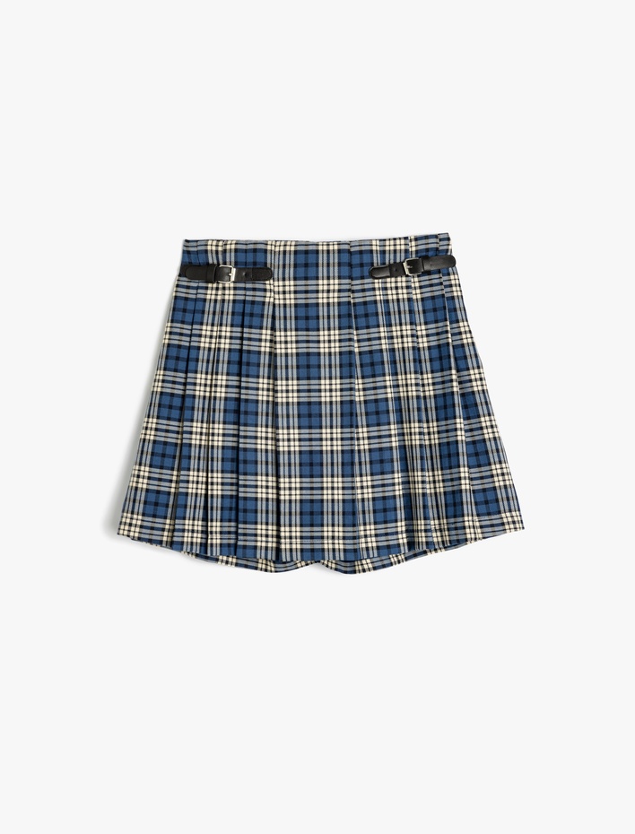 Kız Çocuk Ekose Desenli Kemer Detaylı Pileli Şort Etek