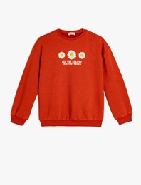 Çiçek Baskılı Bisiklet Yaka Uzun Kollu Sweatshirt