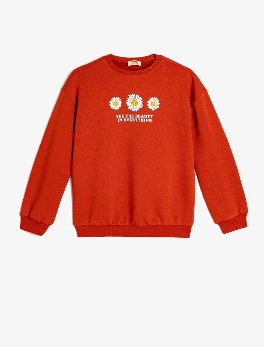  Kız Çocuk Çiçek Baskılı Bisiklet Yaka Uzun Kollu Sweatshirt