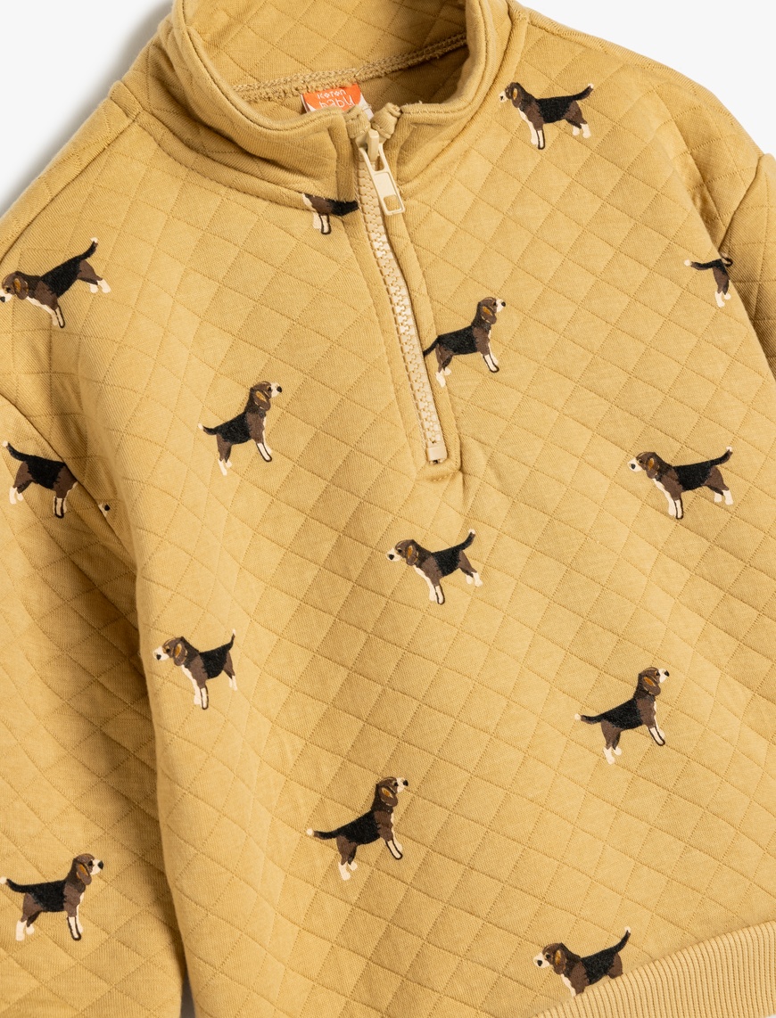  Erkek Bebek Yarım Fermuar Detaylı Köpek Desenli Uzun Kollu Kapitone Sweatshirt