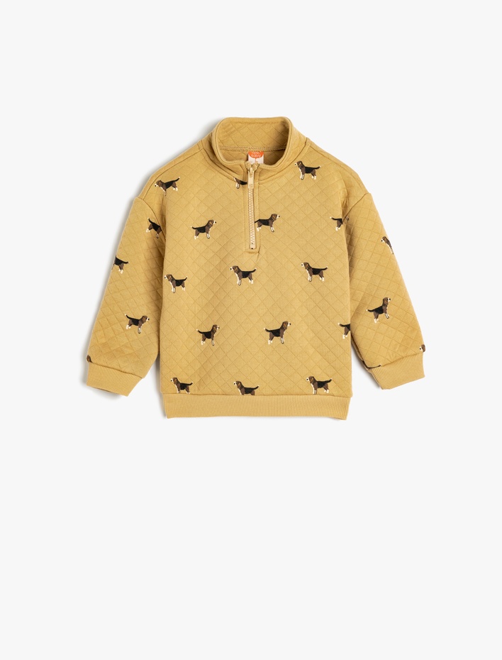 Erkek Bebek Yarım Fermuar Detaylı Köpek Desenli Uzun Kollu Kapitone Sweatshirt