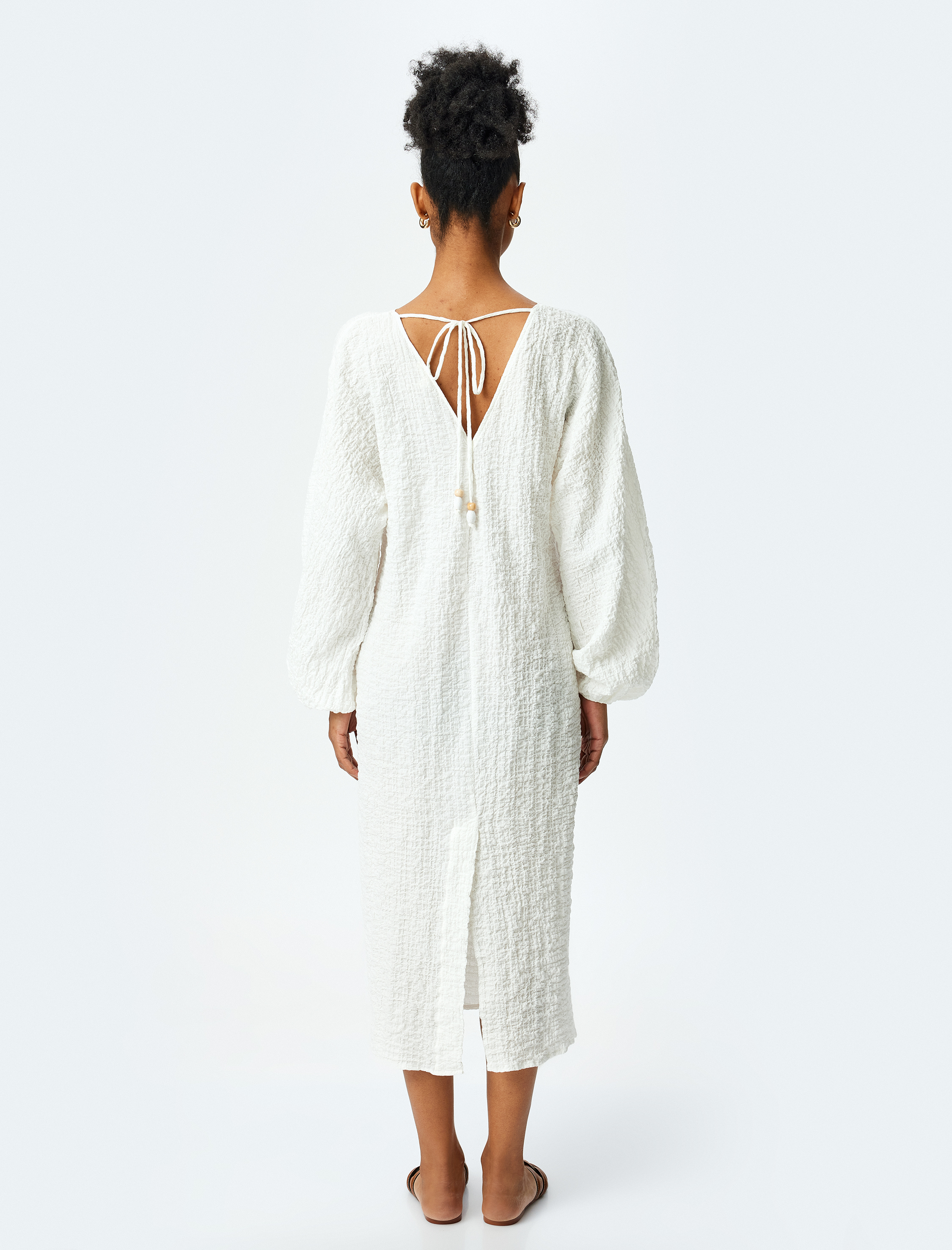 Rahat Kalıp Uzun Balon Kollu V Yaka Dokulu Midi Elbise